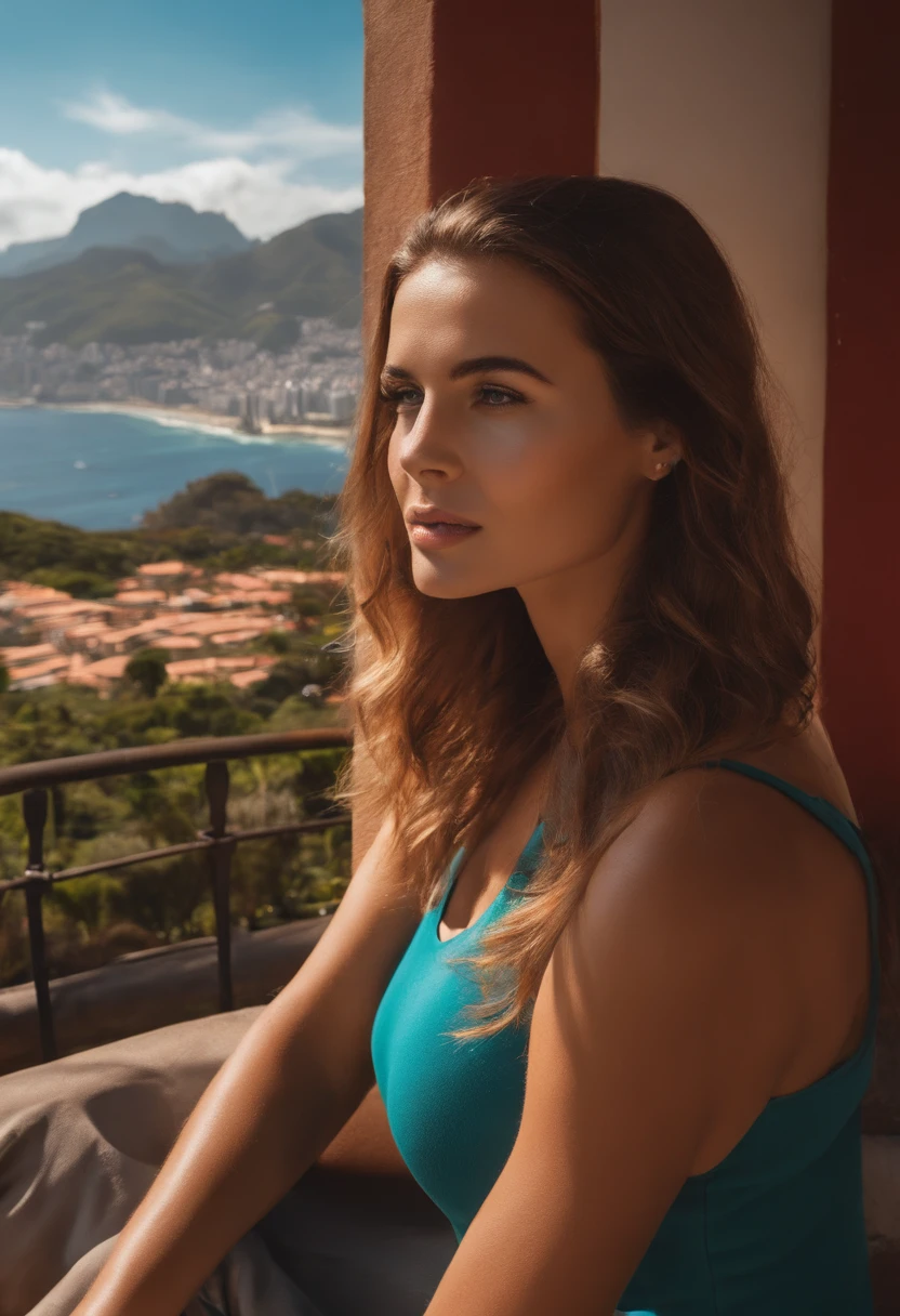 (La mejor calidad, 8k, Pieza maestra :1.2), hiperrealista, city of Rio de Janeiro, Brasil, on a mountain, un detallado renault twingo rojo, Cristo Redentor al fondo, A beautiful brown-haired girl in sportswear looking at the scenery, sunny day, verano
