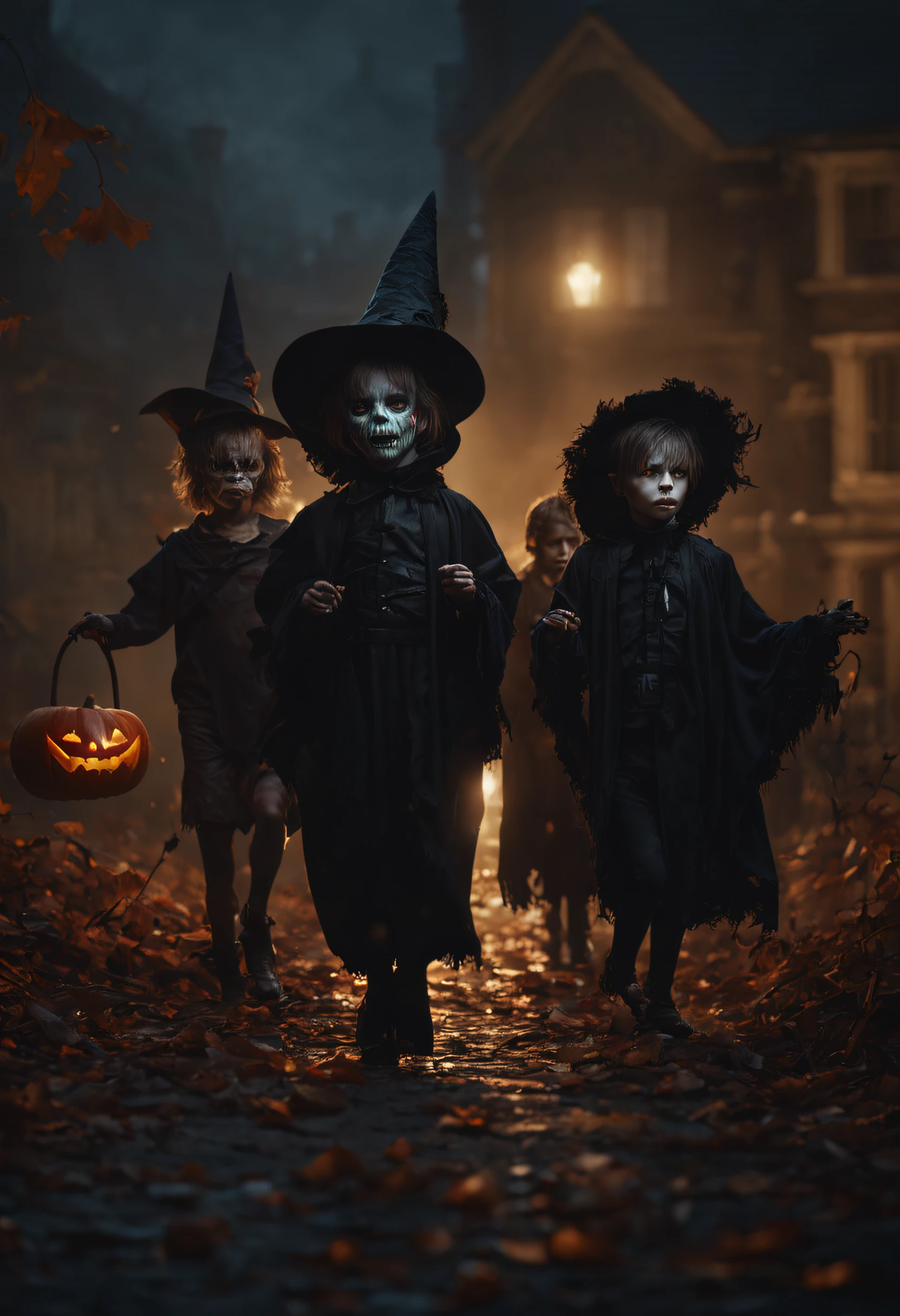 Halloween theme: A group of children dressed as monsters, witches and vampires, going from house to house trick-or-treating., perfect composition, beautiful detailed intricate insanely detailed octane render trending on artstation, 8 k artistic photography, photorealistic concept art, soft natural volumetric cinematic perfect light, chiaroscuro, award - winning photograph, masterpiece, oil on canvas, raphael, caravaggio, greg rutkowski, beeple, beksinski, giger