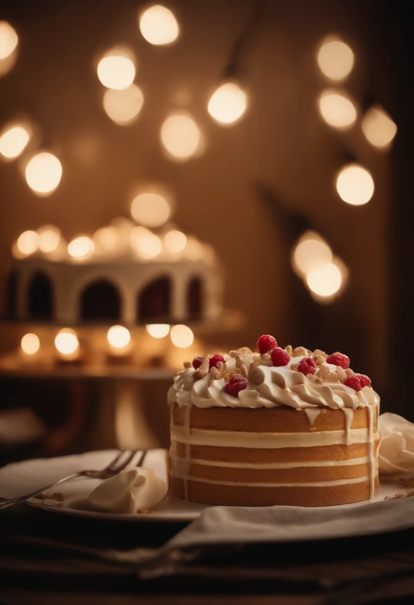 imagine a large extravagant Cake on the table, cake is clean and well made, horizontal view, real, cozy modern and Scandinavian home, whole cake, realistic, 4k, at night, romantic lightning, zoom out