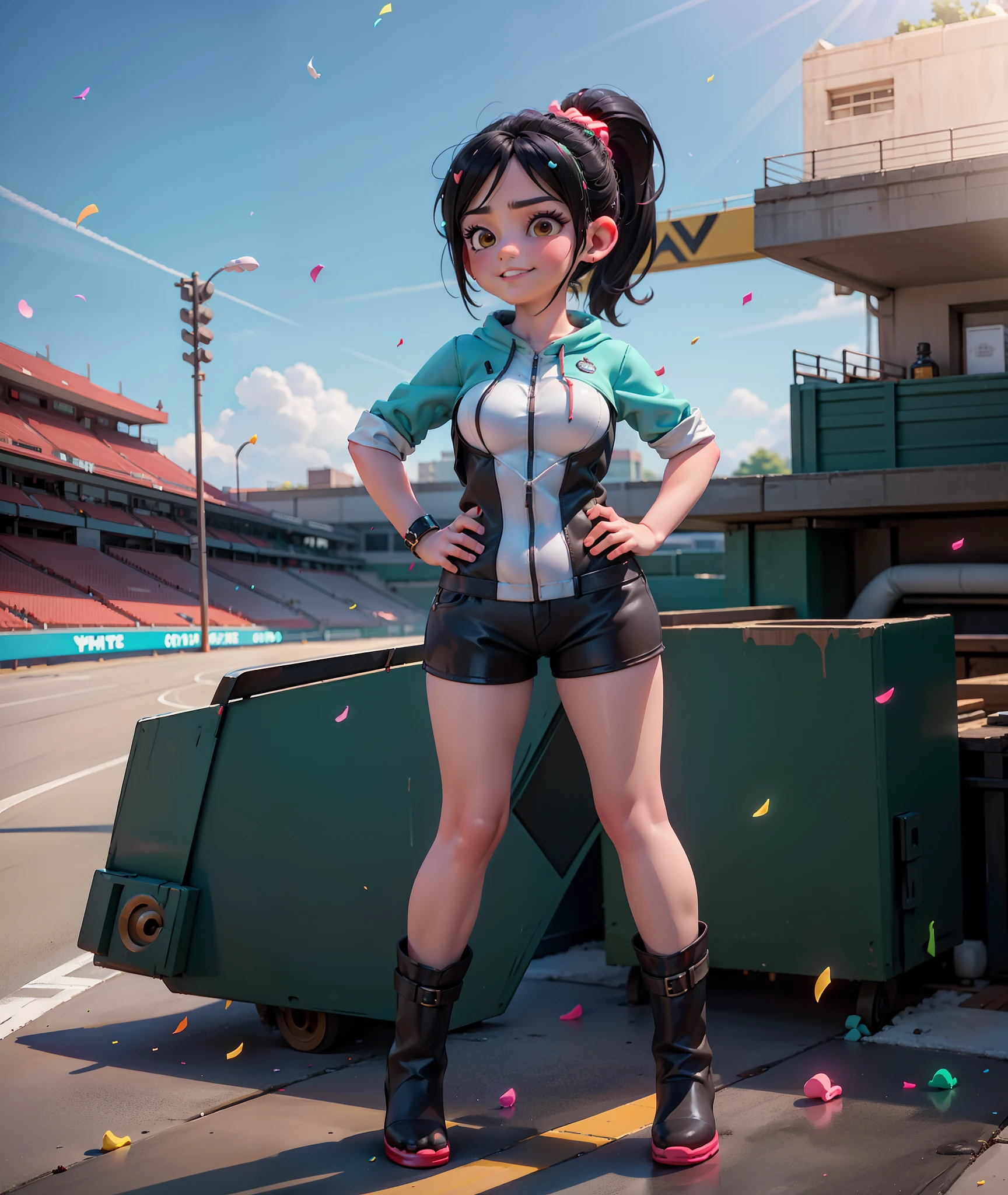 [Wreck_It_Ralph_Movie], ((masterpiece)), ((high quality)), ((HD)), ((beautiful portrait)), ((front view)), ((full body)), ((boots visible)), ((beautiful background)), {vanellope von schweetz, black hair, red scrunchy, short ponytail, (candy in hair:1.2), (cute half-closed brown eyes), adult woman, beautiful legs, curvy hips, smug smirk, white teeth}, {(white race-suit), aqua riding boots}, {(standing on road), (hands on hip), (looking at viewer), (pigeon-toed)}, [Background: (racetrack), (confetti), (blue sky), (bright sun), (sun rays)]