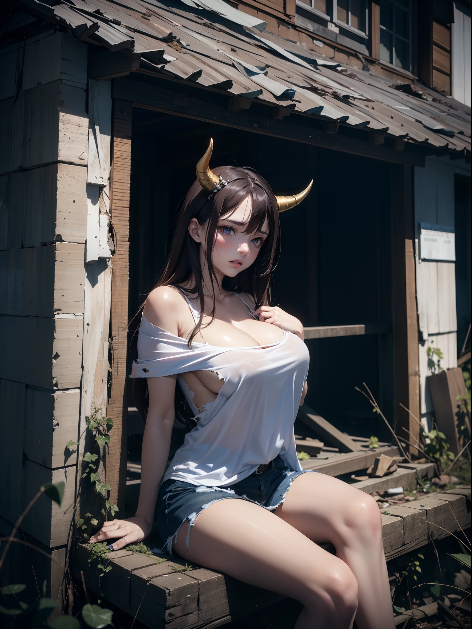 Best Image Quality, Masterpiece, Ultra High Definition, (Fidelity: 1.4), outdoors Photography, 1 Woman, Torn Garment, Dimm, Darkness, Despair, Sorry, Movie, (Torn Garment: 1.5), Bare Shoulder, long brown hair, Tousled Hair, Big, Rough Breath, Night, Moonlight, Dark Abandoned House, Sitting, Dust, Dynamic Perspective, demon horns, huge breasts, cleavage, oversized shirt, bare legs