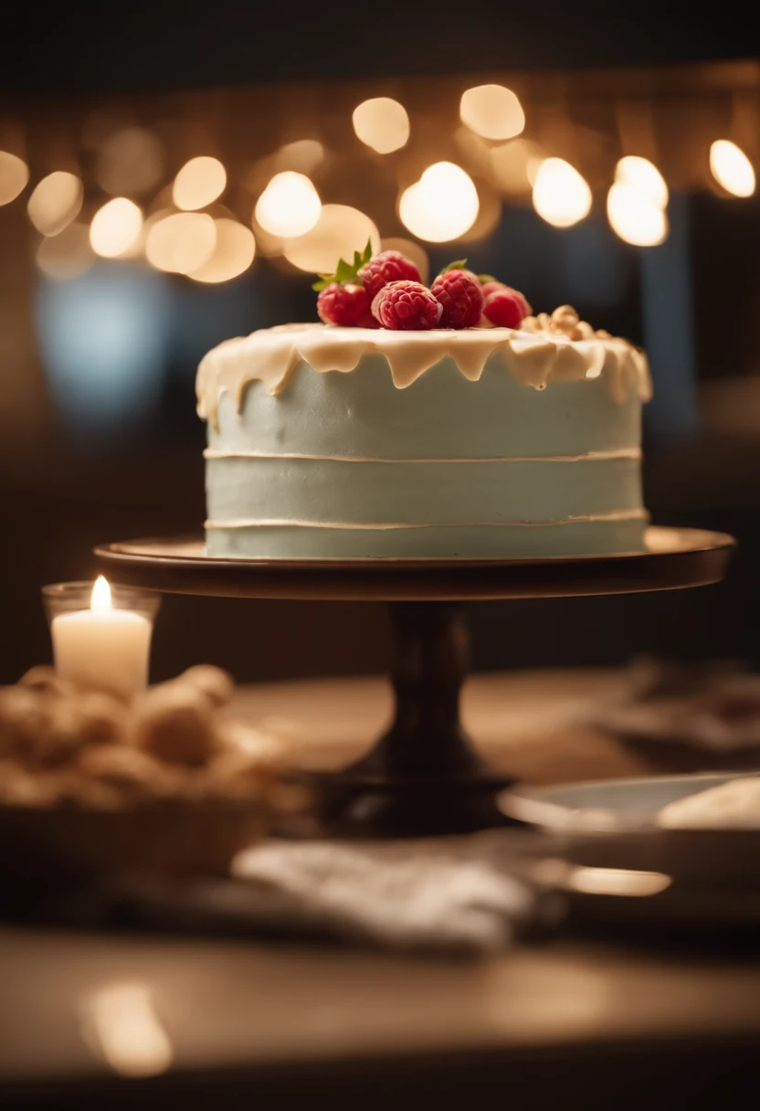 imagine a large extravagant creamy Cake on the table, cake is clean and well made, horizontal view, real, cozy modern and Scandinavian home, whole cake, realistic, 4k, at night, romantic lightning, zoom out