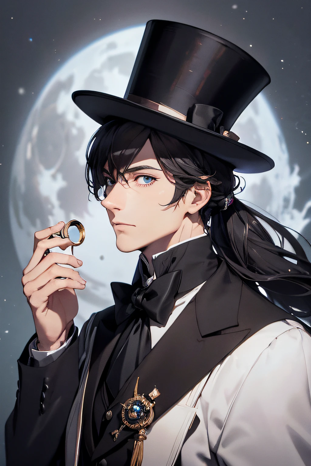 ridiculous resolution, high resolution, (masterpiece:1.4), super detailed, 1 man, distinguished features, top hat and monocle, seen from above, space, Giant Black moon floating, --v 6