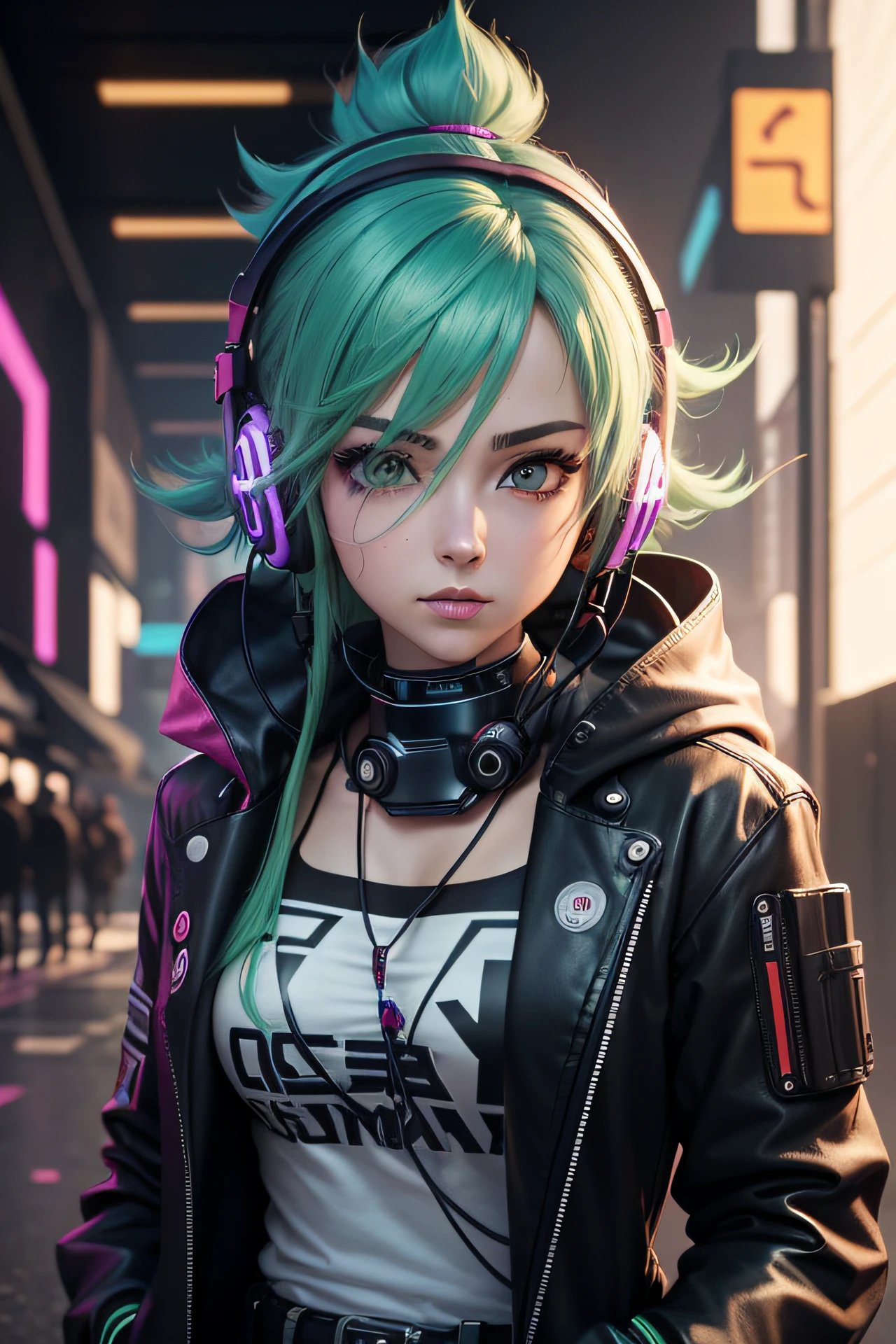 Garota usando headphone, 4k, anime, cabelo colorido, cyberpunk, anime futurista, alta resolução, estilo anime, garota, headphone, olhando pra cima, animes