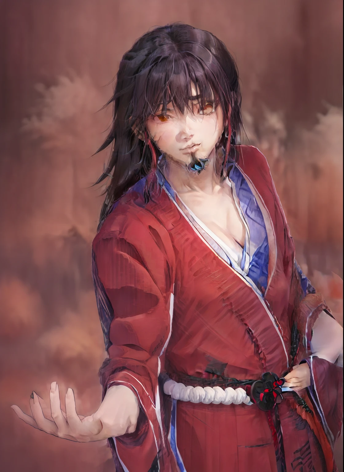 anime no manto vermelho com faixa roxa e faixa roxa, Shikanosuke Yagaki, Yakisugi, De Kenshin, inspired by Tōshūsai Sharaku, inspired by Itō Ogura Yonesuke, inspired by Sakai Hōitsu, inspired by Taiyō Matsumoto