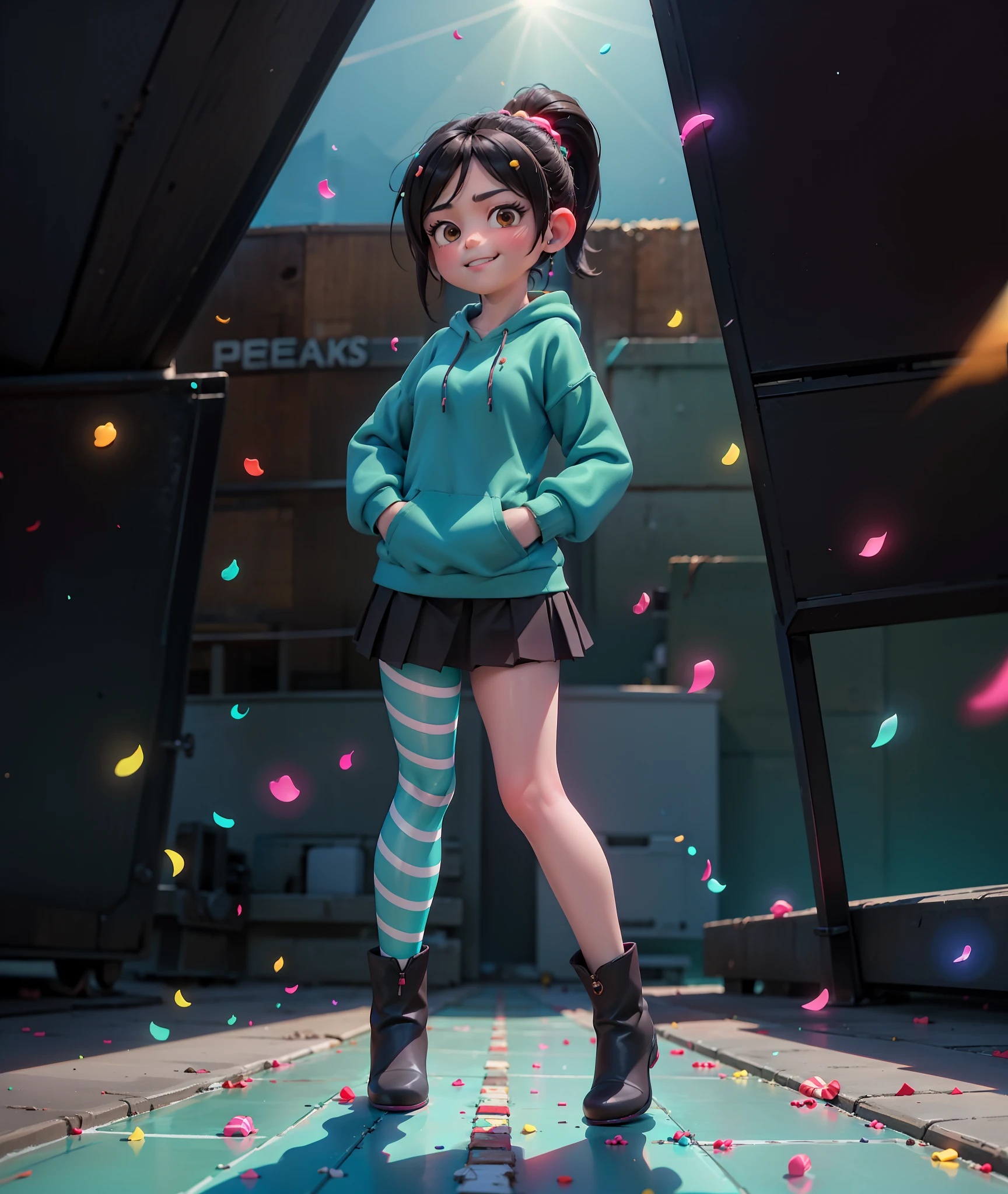 [Wreck_It_Ralph_Movie], ((masterpiece)), ((high quality)), ((HD)), ((beautiful portrait)), ((front view)), ((full body)), ((boots visible)), ((beautiful background)), {vanellope von schweetz, black hair, red scrunchy, short ponytail, (candy in hair:1.2), (cute half-closed brown eyes), adult woman, beautiful legs, curvy hips, smug smirk, white teeth}, {(aqua sweatshirt), (brown tuffled skirt), (aqua striped pantyhose), brown boots}, {(standing on raceway), (bending over), (hands in pockets), (looking at viewer), (pigeon-toed)}, [Background: (racetrack), (confetti), (blue sky), (bright sun), (sun rays)]