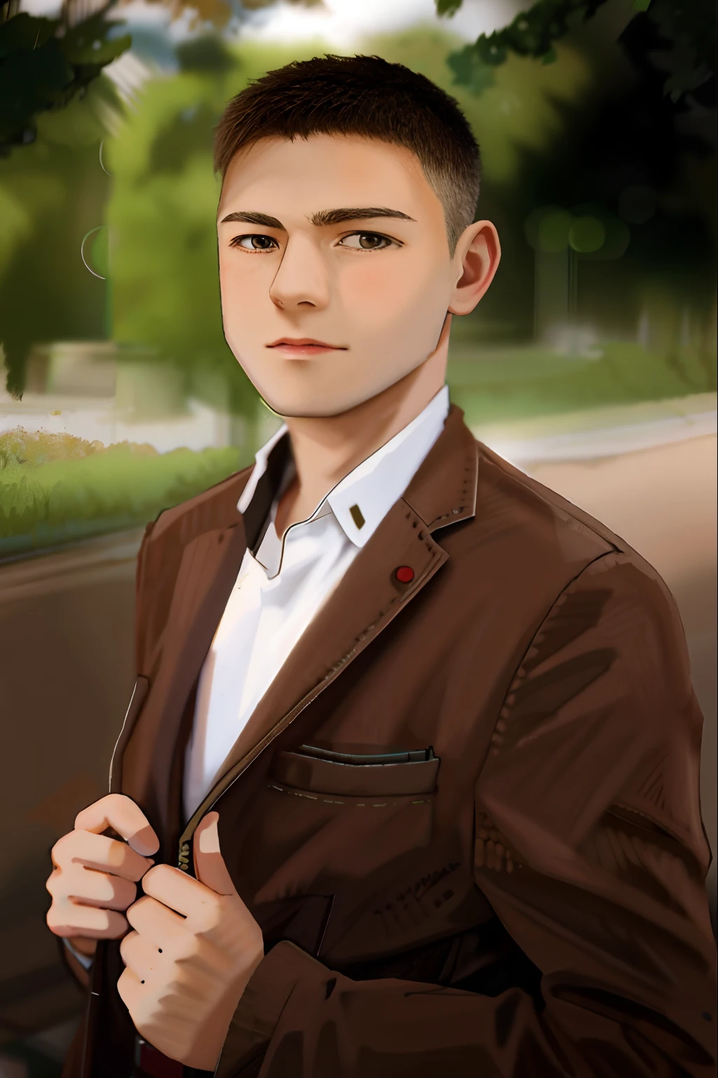 There is a boy in a brown jacket and a white anime-style shirt