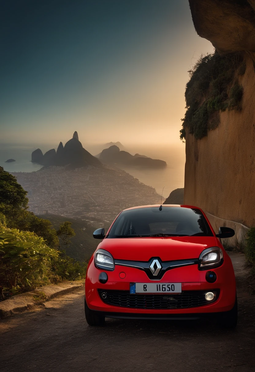 (La mejor calidad, 8k, pieza maestra :1.2), hiperrealista, city of Rio de Janeiro, Brasil, on a mountain, Un detallado (((coche renault twingo rojo))),con un hombre al lado mirando al horizonte