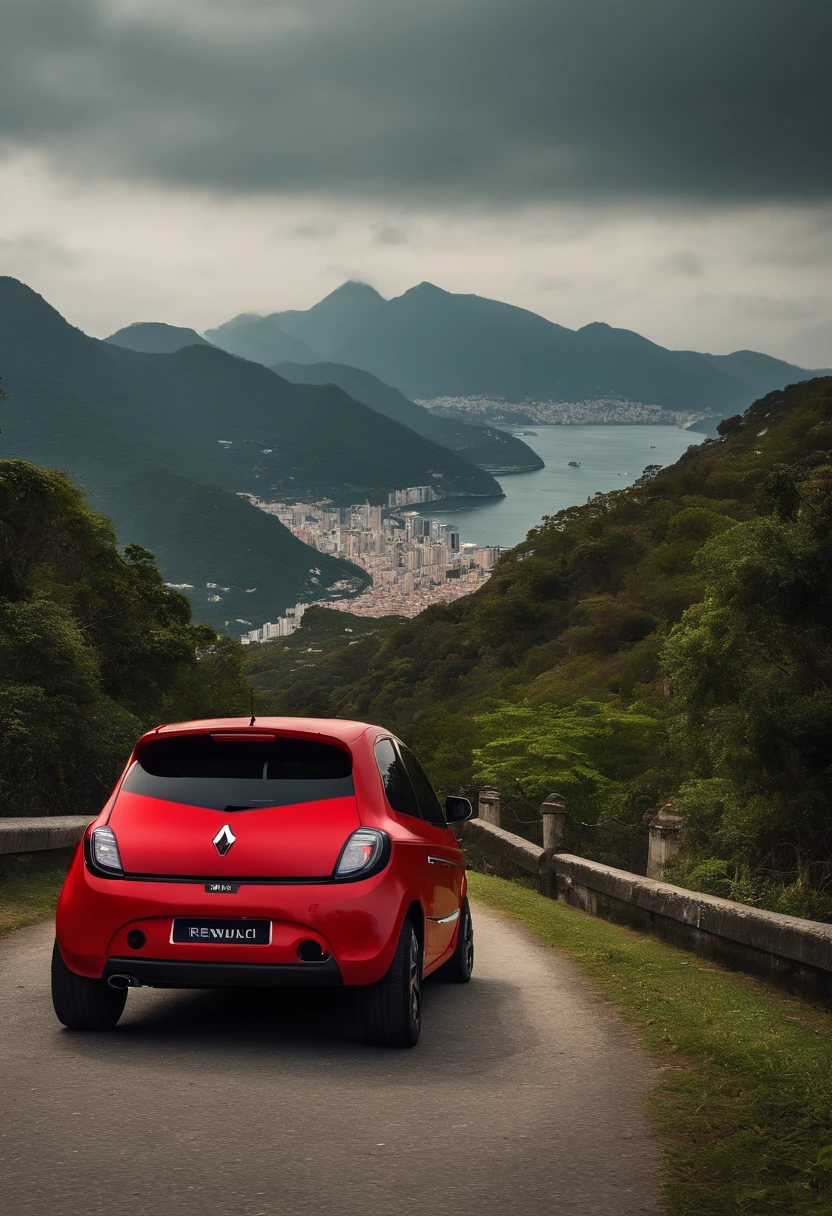 (La mejor calidad, 8k, pieza maestra :1.2), hiperrealista, city of Rio de Janeiro, Brasil, on a mountain, Un detallado (((coche renault twingo rojo))),con un hombre al lado mirando al horizonte