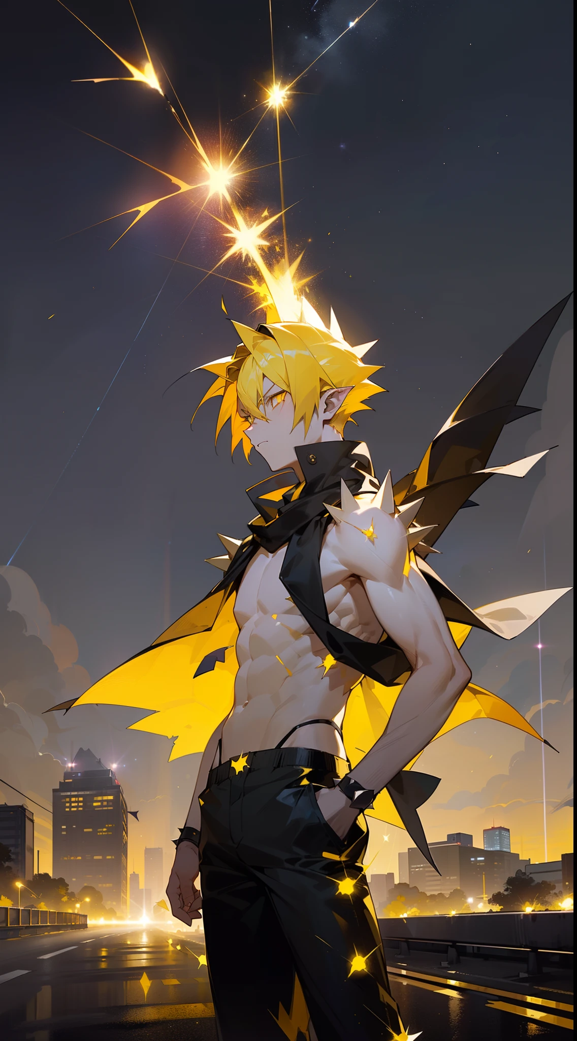 1boy,mature male,tall,green hair,short hair,yellow eyes,elf ear,serious,(no shirt,black shorts,black scarf),(((standing on a road in city at night,night sky))),((yellow sparks across the body, yellow rays across the body, electric body,cowboy shot))