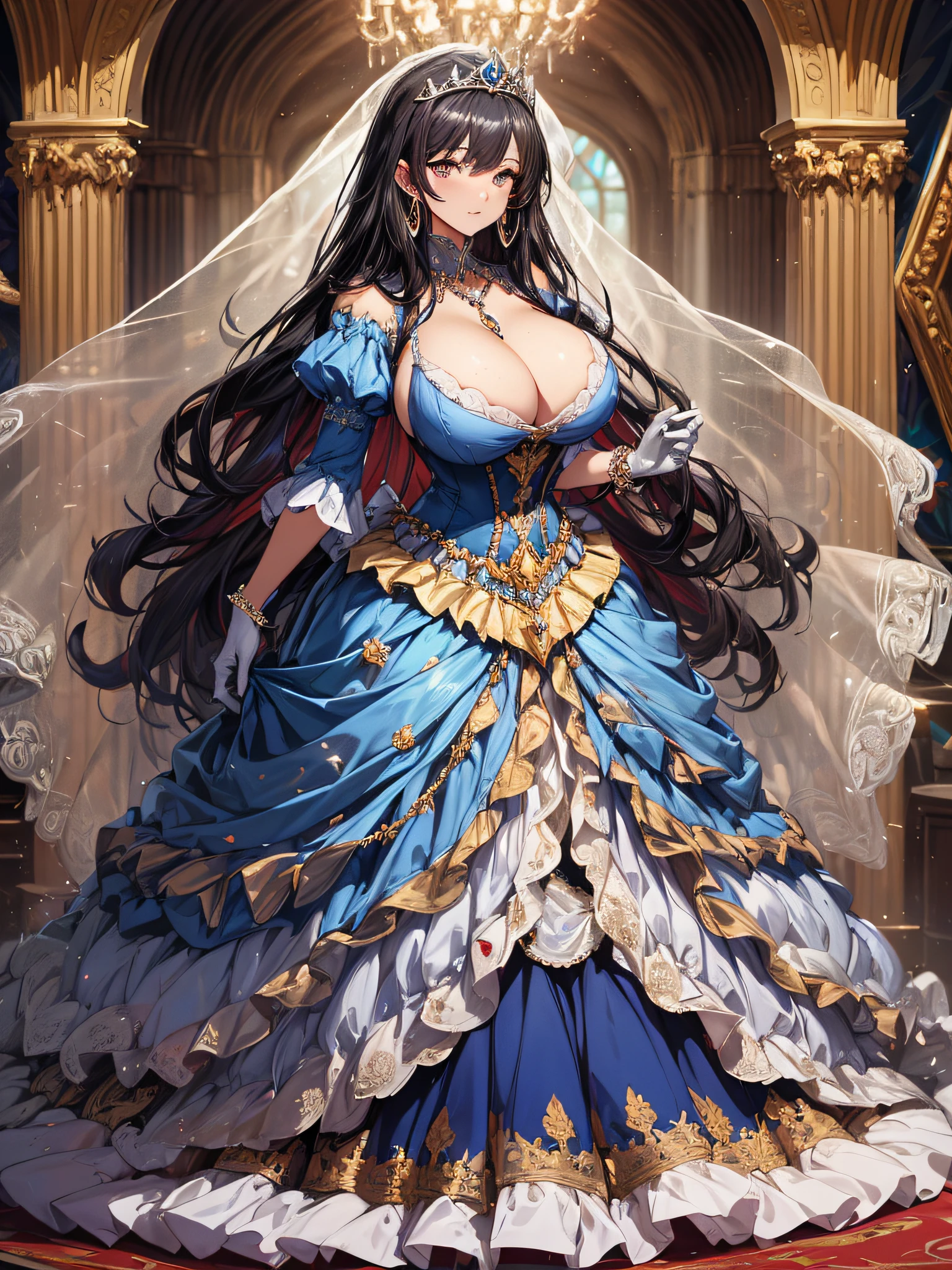 ((anime artstyle)),(Masterpiece),(Best Quality), (Super Detail),((Very Delicate and Beautiful)),cinematic lighting,1 girl,((full body portrait)),((standing in garden)),((solo)),(((1 fairytale princess in gorgeous embroidery and jeweled extremely gorgeous cinderella ballgown with voluminous full length hoop skirt))),an hourglass waist,padded and corseted bodice,(((huge crinoline hoopskirt))),long train,gorgeous embroidery and bling-bling gorgeous gemstone jewelry,voluminous frills,See-through,(((extremely gigantic tits,skindentation))),cleavage,((absurdly Long Straight Hair,extremely voluminous Straight long Hair,absurdly Long Straight Hair)),(finely detailed face and eyes),clear pupil,extremely gorgeousfull hair ornament,(bling-bling jeweled extremely gorgeousfull tiara),(bling-bling gorgeous gemstone jewelry),gorgeous long veil,((ultra long gloves)),(beautiful background),(full body),((gorgeous embroidery and jeweled extremely gorgeous cinderella ballgown with voluminous full length hoop skirt))