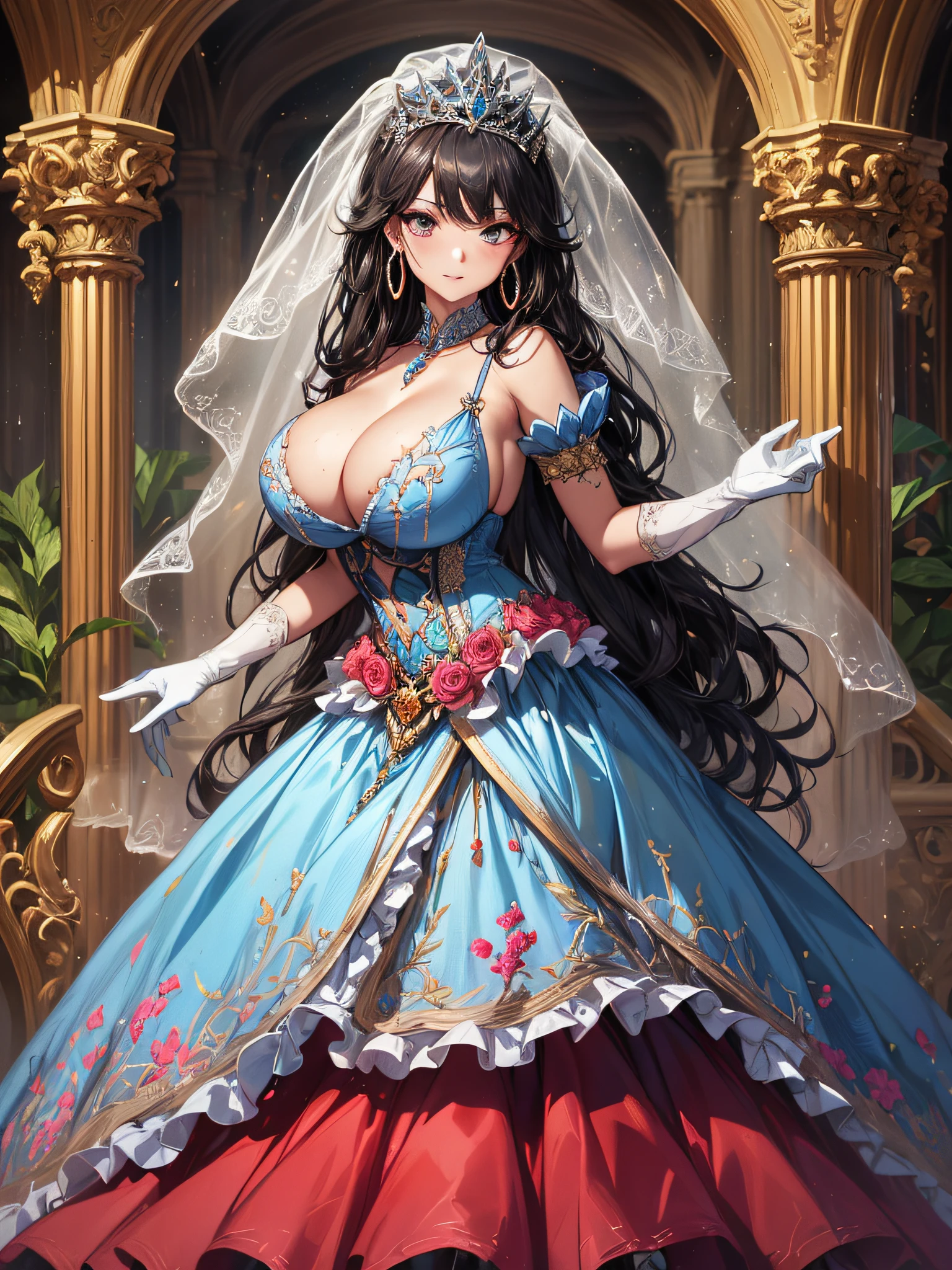 ((anime artstyle)),(Masterpiece),(Best Quality), (Super Detail),((Very Delicate and Beautiful)),cinematic lighting,1 girl,((full body portrait)),((standing in garden)),((solo)),(((1 fairytale princess in gorgeous embroidery and jeweled extremely gorgeous cinderella ballgown with voluminous full length hoop skirt))),an hourglass waist,padded and corseted bodice,(((huge crinoline hoopskirt))),long train,gorgeous embroidery and bling-bling gorgeous gemstone jewelry,voluminous frills,See-through,(((extremely gigantic tits,skindentation))),cleavage,((absurdly Long Straight Hair,extremely voluminous Straight long Hair,absurdly Long Straight Hair)),(finely detailed face and eyes),clear pupil,extremely gorgeousfull hair ornament,(bling-bling jeweled extremely gorgeousfull tiara),(bling-bling gorgeous gemstone jewelry),gorgeous long veil,((ultra long gloves)),(beautiful background),(full body),((gorgeous embroidery and jeweled extremely gorgeous cinderella ballgown with voluminous full length hoop skirt))