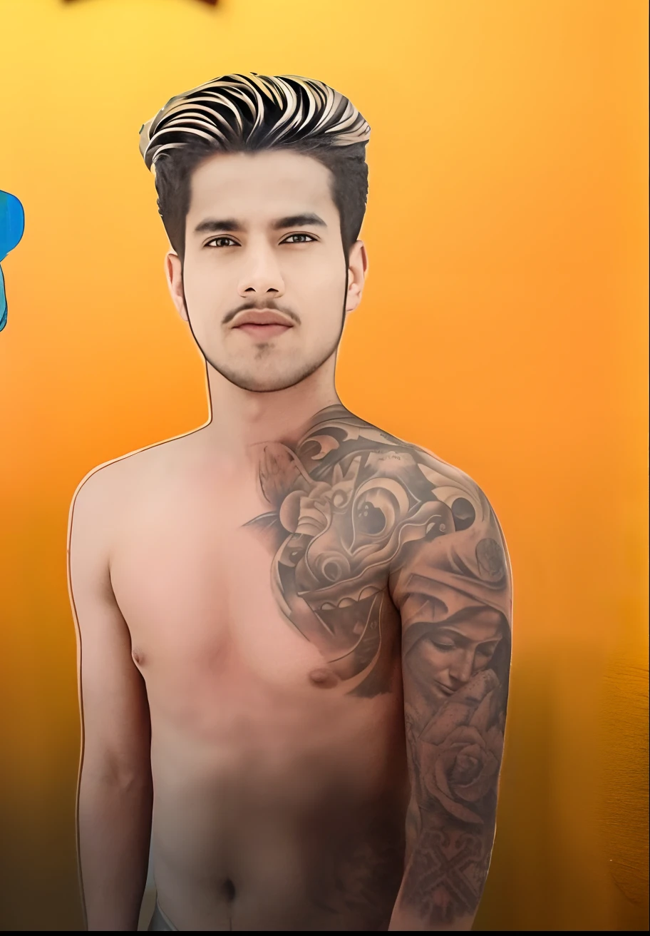 there is a man with a tattoo on his chest and a tattoo on his arm, tattooed man, tattoos all over the skin, with tattoos, tattooed skin, wearing shipibo tattoos, shirtless :: high detail, body covered in floral tattoos, “hyper realistic, shirtless biden with tatoos, upper body portrait, tattooed body, bare chest, inking on skin