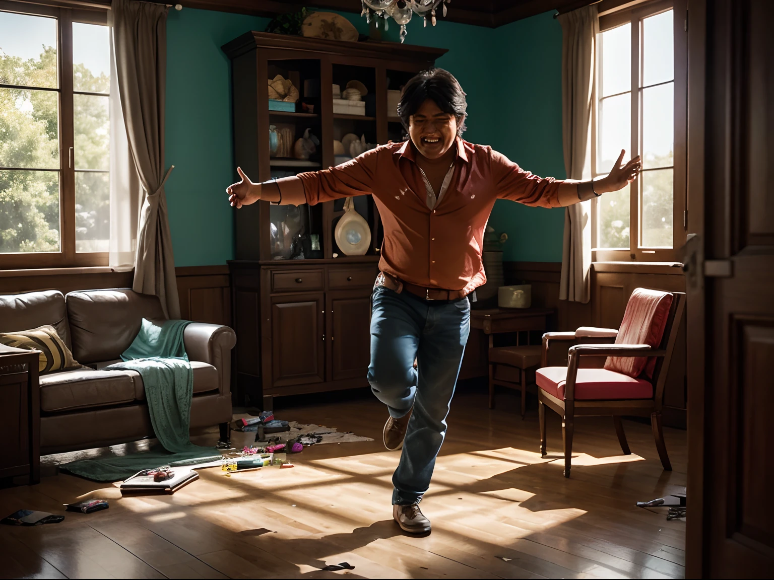 Hyperrealistic professional photograph of a Evo morales from bolivia, dancing in a very happy exaggerated way in the middle of a living room of a house at a party of friends.
All around there are clearly visible broken elements (vase on the floor, fallen picture, torn curtain, broken chairs) as a result of the man's dancing.
The people around are looking at him in an astonished way leaving a big space between them and the dancing man seems not to care.
High definition, high resolution, vivid colors, cinematic light, octane render, masterpiece