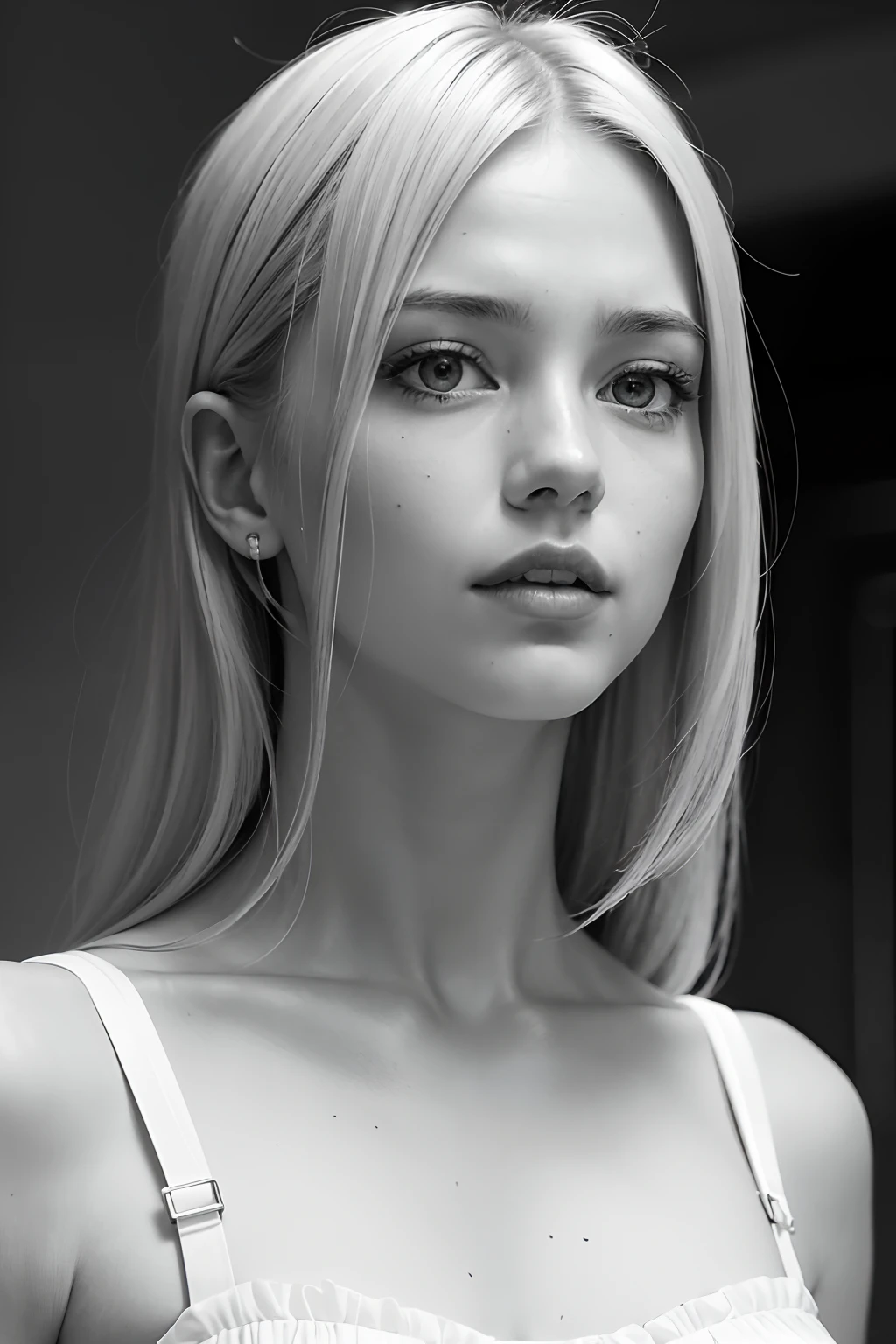 styles, Model Essay Style, RAW photo of blonde girl, ((Monochrome photography)), 1girl in, ((Facing the front)), Detailed photos of faces, Detailed clavicle, face perfect, top-quality, ultra-detailliert, film grains, A hyper-realistic, ultra realistic textures, masterpiece, highly detailed CG unit 8k wallpaper