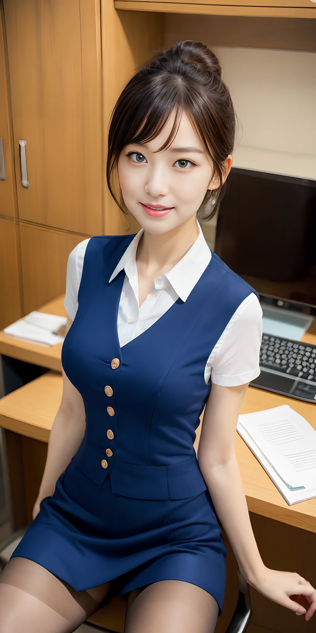 (RAW, best quality, masterpiece:1.5), (photo realistic, intricate details:1.2), ultra highres, absurdres,
1girl, beautiful face, blue eyes, green eyes, detalied eyes, symmetric eyes, light on face, nose blush, short hair, hair bun, black hair tie, 
clk, vest, suit, pencil miniskirt, white shirt, silk scarf, black pantyhose, [:20d, :0.8],
smile, small dimples, sexually suggestive, 
medium breasts, slim waist, slim legs, long legs,
sitting on chair in front of desk, perfect body, good proportions,
looking at viewer, 
(office, indoor, hyper detailed background:1.2), japan, copy machine, file cabinet, computer, monitor,
shiny skin, real skin texture, 
natural lighting, best lighting, detailed background, detailed shadow, sharp focus, depth of field f/2,
saturated, high contrast, strong light and shadow