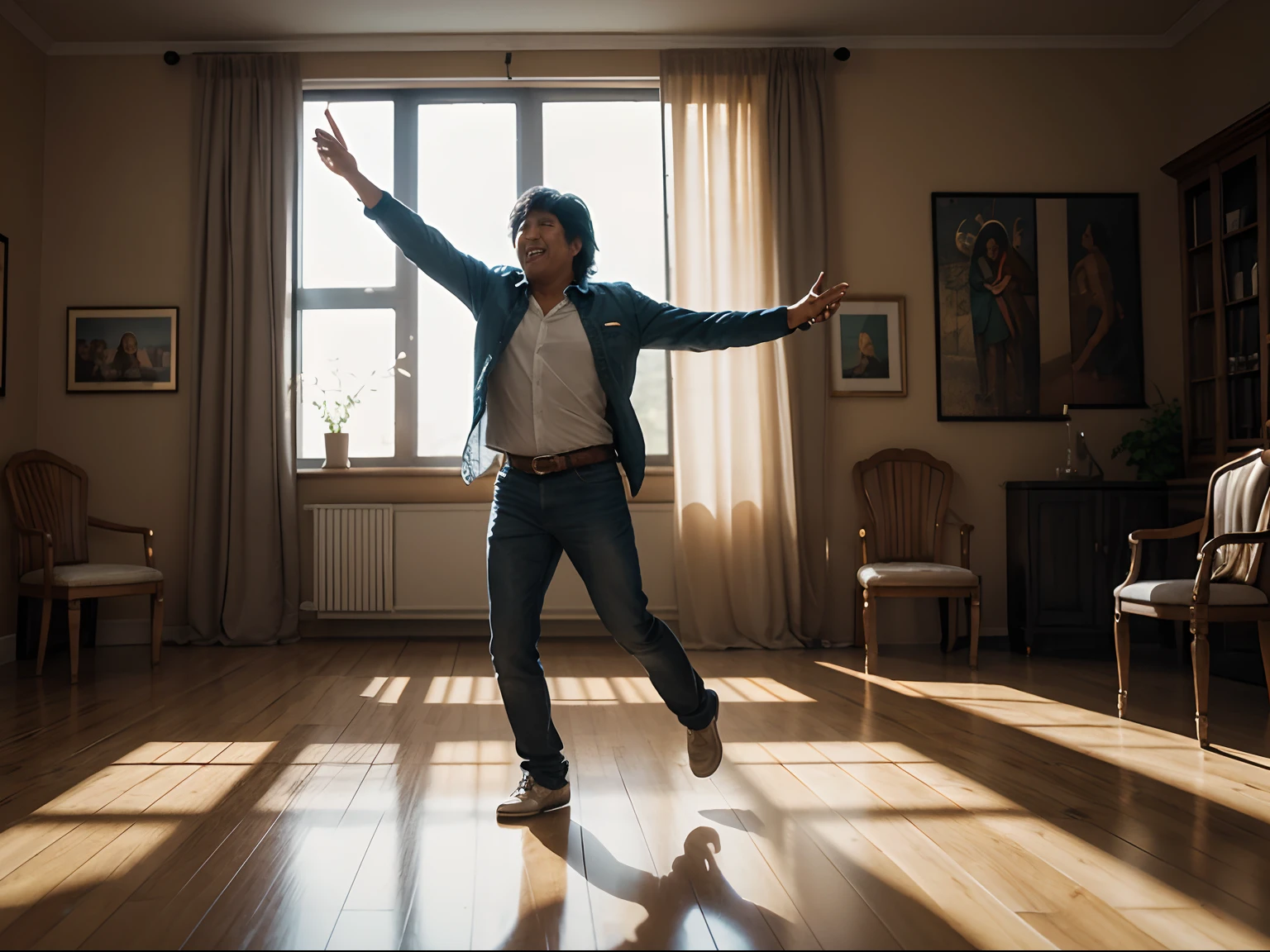 Hyperrealistic professional photograph of a Evo morales from bolivia, dancing in a very happy exaggerated way in the middle of a living room of a house at a party of friends.
All around there are clearly visible broken elements (vase on the floor, fallen picture, torn curtain, broken chairs) as a result of the man's dancing.
The people around are looking at him in an astonished way leaving a big space between them and the dancing man seems not to care.
High definition, high resolution, vivid colors, cinematic light, octane render, masterpiece