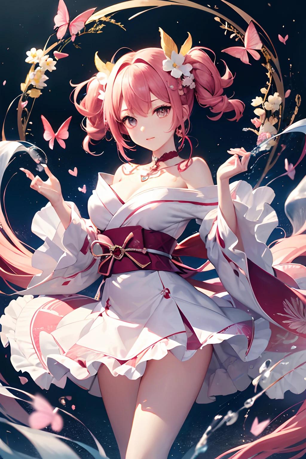 The most beautiful and sexy cherry blossom goddess, long beautiful pink hair, glowing white eyes, wearing the most beautiful and highly detailed kimono, huge gigantic tits, cleavage showing, butterfly wings, tons of tattoos and piercings, cherry blossoms and butterflies blowing in the wind, perfect masterpiece, high quality, high resolution