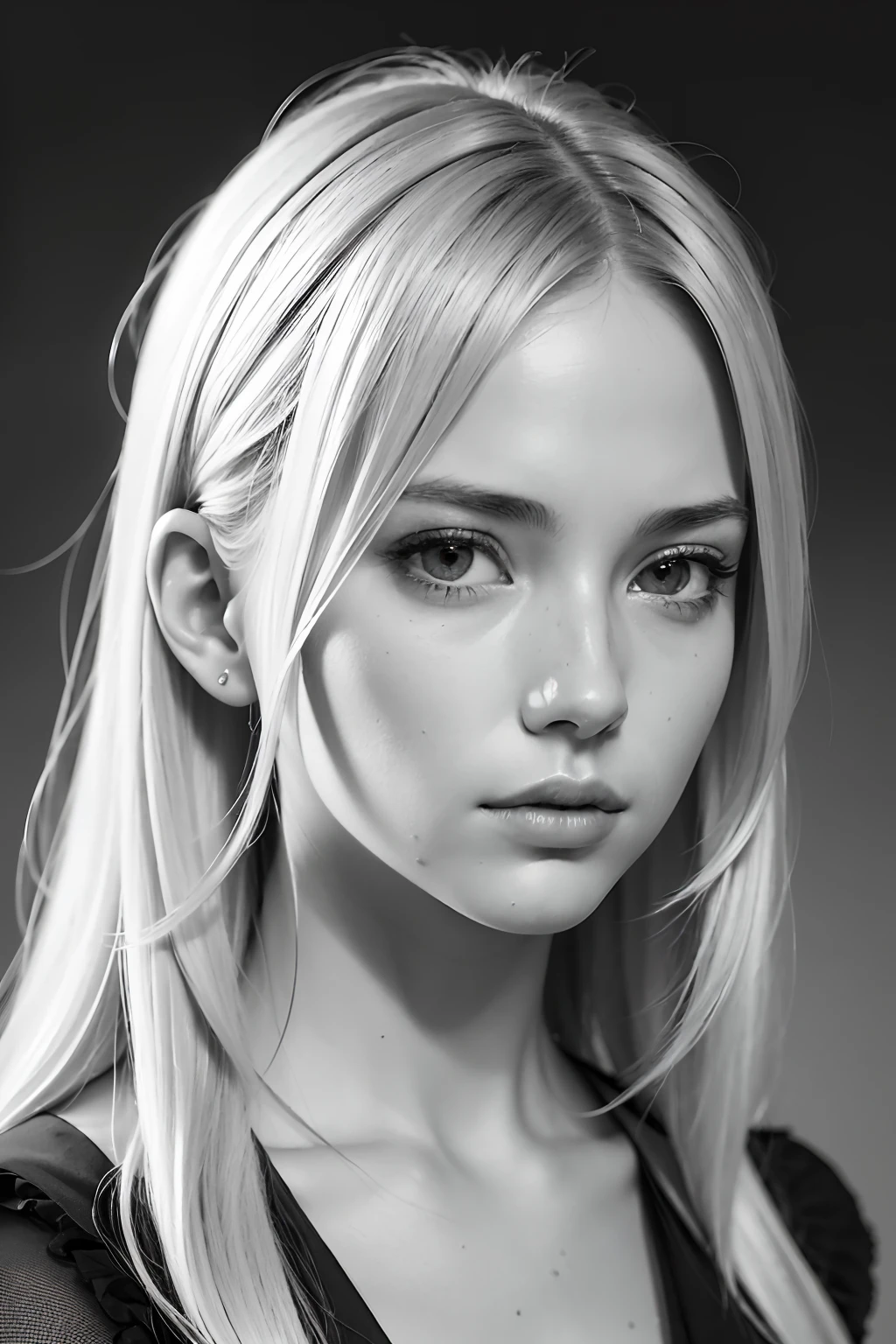 styles, Model Essay Style, RAW photo of blonde girl, ((Monochrome photography)), 1girl in, ((Facing the front)), Detailed photos of faces only, Detailed clavicle, face perfect, top-quality, ultra-detailliert, film grains, A hyper-realistic, ultra realistic textures, ​masterpiece, highly detailed CG unit 8k wallpaper