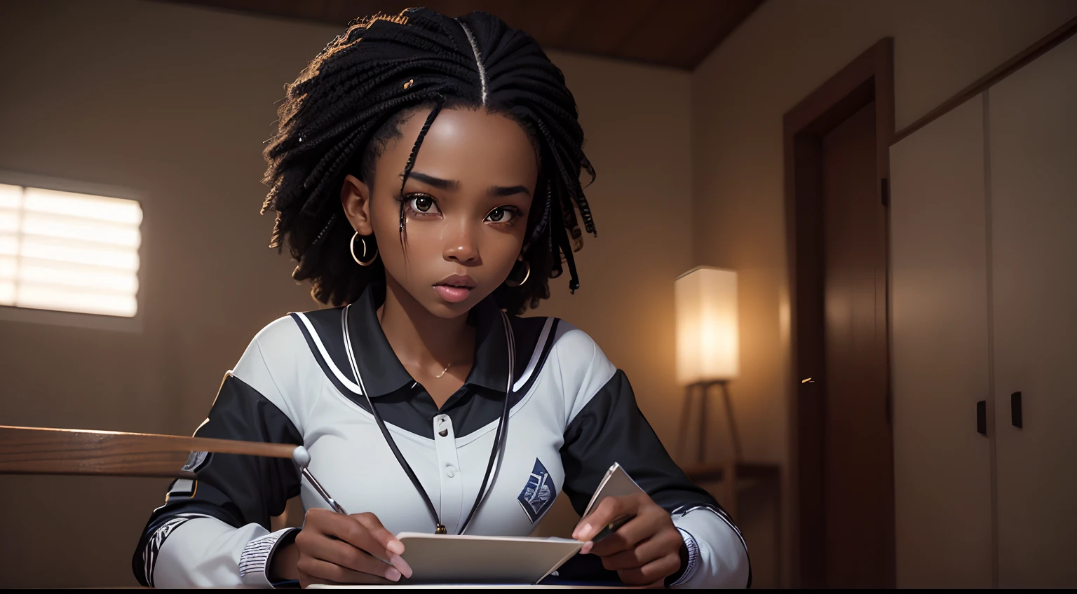 light skinned tswana young girl, stunning beauty, ((ultra photorealistic)), black young woman, tswana, young black woman, late morning, epic story scene, dark skinned, she is about 18 years old, marvelous expression, stunning photo, Modest university clothing . Create a high definition image that showcases her doing Physics experiments