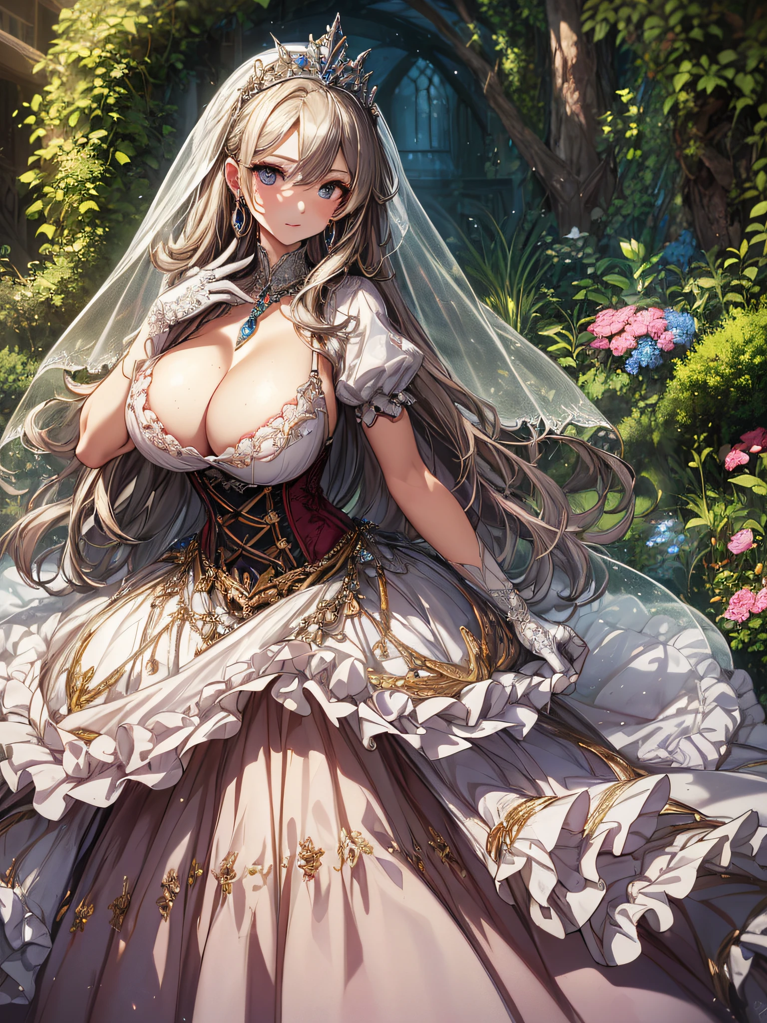 ((anime artstyle)),(Masterpiece),(Best Quality), (Super Detail),((Very Delicate and Beautiful)),cinematic lighting,1 girl,((full body portrait)),((standing in garden)),((solo)),(((1 fairytale princess in gorgeous embroidery and jeweled extremely gorgeous cinderella ballgown with voluminous full length hoop skirt))),an hourglass waist,padded and corseted bodice,(((huge crinoline hoopskirt))),long train,((gorgeous embroidery and jeweled)),voluminous frills,See-through,(((extremely gigantic tits,skindentation))),cleavage,((absurdly Long Straight Hair,extremely voluminous Straight long Hair,absurdly Long Straight Hair)),(finely detailed face and eyes),clear pupil,extremely gorgeousfull hair ornament,(bling-bling jeweled extremely gorgeousfull tiara),((bling-bling gorgeous gemstone jewelry)),gorgeous long veil,((ultra long gloves)),(beautiful background),(full body),((gorgeous embroidery and jeweled extremely gorgeous cinderella ballgown with voluminous full length hoop skirt))
