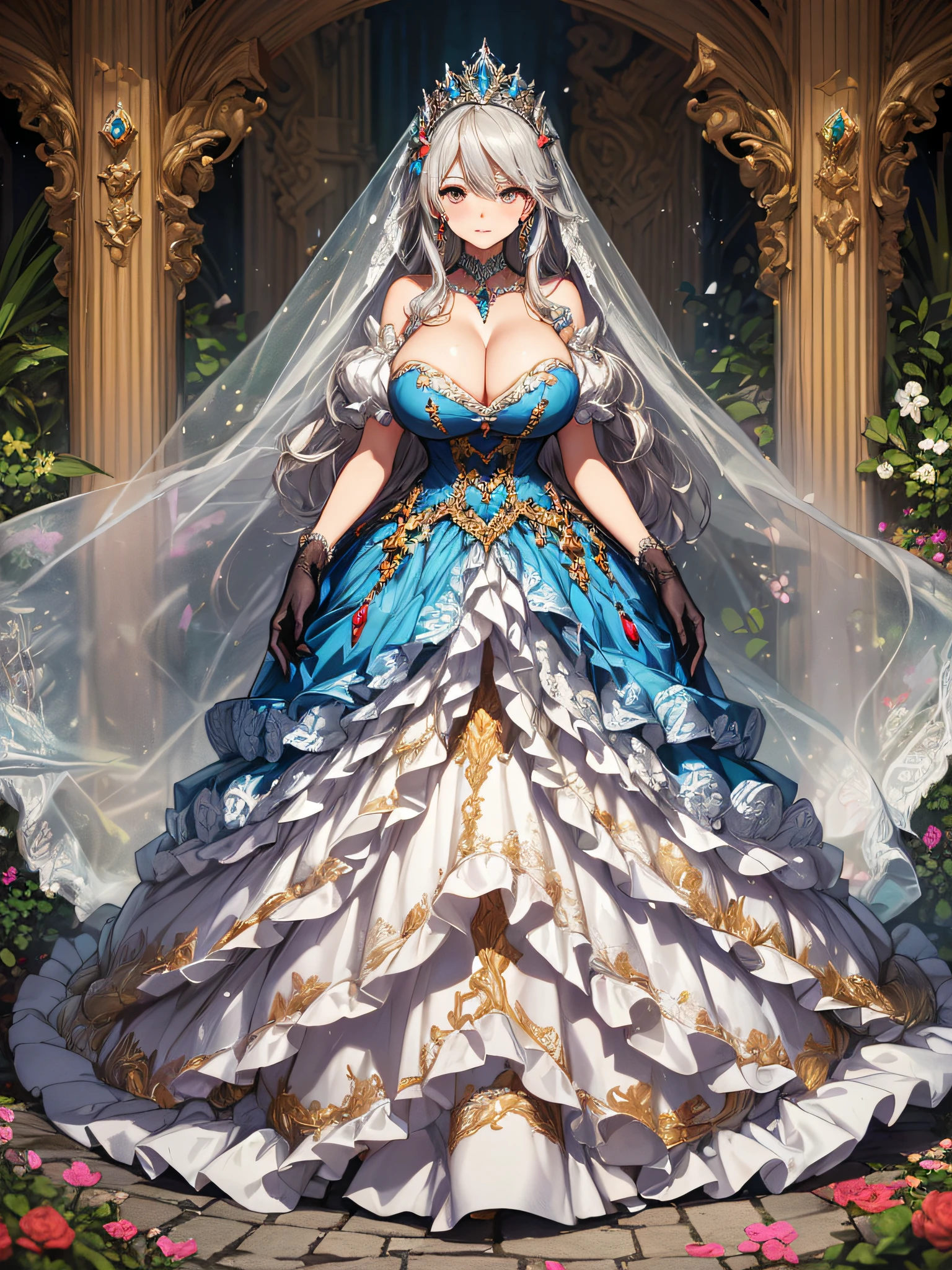 ((anime artstyle)),(Masterpiece),(Best Quality), (Super Detail),((Very Delicate and Beautiful)),cinematic lighting,1 girl,((full body portrait)),((standing in garden)),((solo)),(((1 fairytale princess in gorgeous embroidery and jeweled extremely gorgeous cinderella ballgown with voluminous full length hoop skirt))),an hourglass waist,padded and corseted bodice,(((huge crinoline hoopskirt))),long train,((gorgeous embroidery and jeweled)),voluminous frills,See-through,(((extremely gigantic tits,skindentation))),cleavage,((absurdly Long Straight Hair,extremely voluminous Straight long Hair,absurdly Long Straight Hair)),(finely detailed face and eyes),clear pupil,extremely gorgeousfull hair ornament,(bling-bling jeweled extremely gorgeousfull tiara),((bling-bling gorgeous gemstone jewelry)),gorgeous long veil,((ultra long gloves)),(beautiful background),(full body),((gorgeous embroidery and jeweled extremely gorgeous cinderella ballgown with voluminous full length hoop skirt))