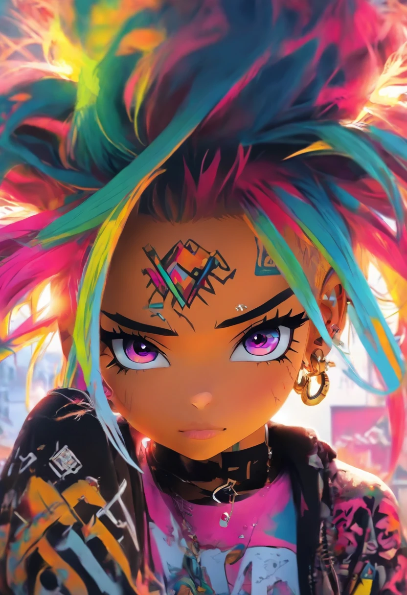 The most beautiful and sexy punk rock girl, cabello color arco iris, ojos amarillos, dark skin, usar una sudadera con capucha, Graphic T-shirt and torn skinny jeans, toneladas de tatuajes y piercings, Obra maestra perfecta, alta calidad, High resolution