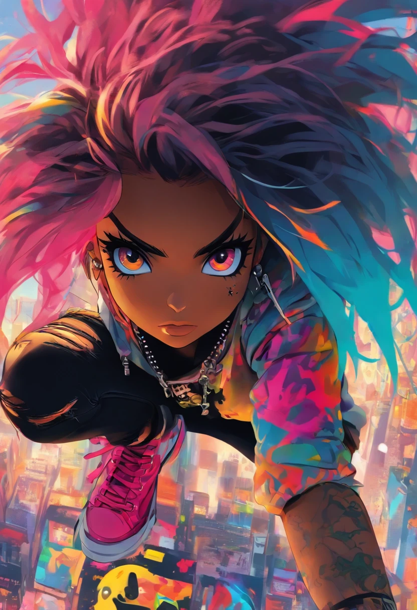 The most beautiful and sexy punk rock girl, cabello color arco iris, ojos amarillos, dark skin, usar una sudadera con capucha, Graphic T-shirt and torn skinny jeans, toneladas de tatuajes y piercings, Obra maestra perfecta, alta calidad, High resolution