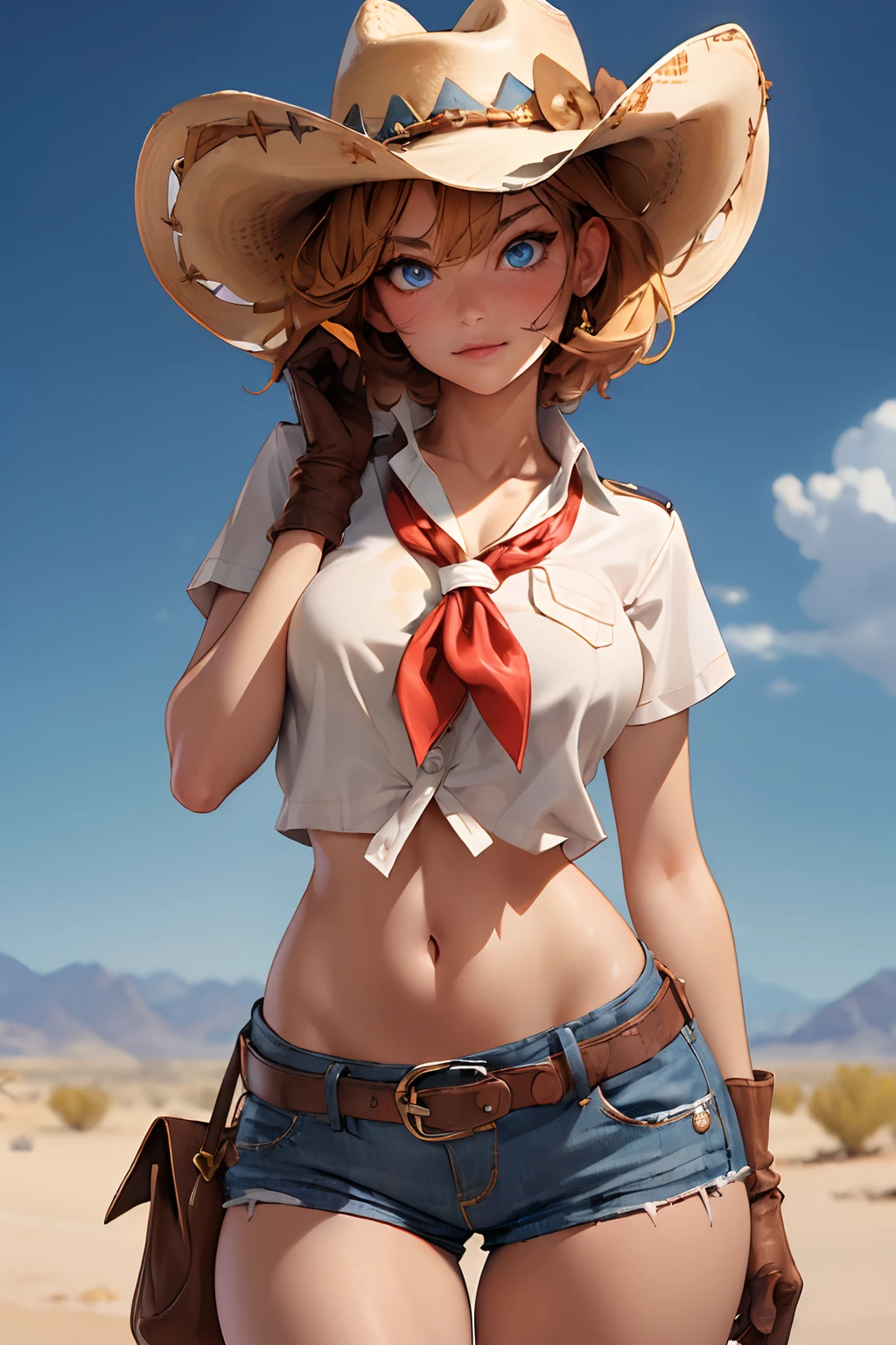 (((((solo))))),(((((masterpiece))))), (((((best quality))))),(((((highly detailed))))), finely detailed, Depth of field, crisp detail, detailed clothes, highres,
1girl, bangs, (beautiful detailed face:1.3), collarbone, collared shirt, ((white shirt)), shirt half open, buttons undone, no bra, several buttons open to show cleavage, show belly, blue eyes, blonde hair, cleavage, ((cowboy)), (cowboy hat:1.3), short gloves. fingerless gloves, hat, medium breasts, navel, neckerchief, red neckerchief, short hair, short shorts, low-rise daisy dukes, healthy thighs, gun belt ,cowboy western, sunny desert background, thigh gap