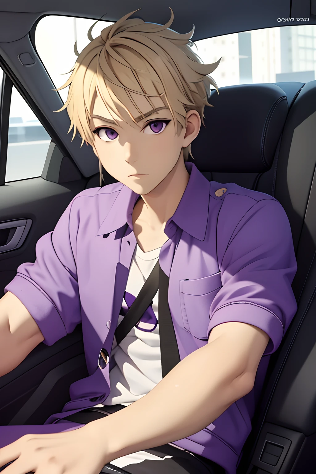 masterpiece, best quality, high quality, 1male, solo, male focus, looking at viewer, upper body, akihito_kanbara, blonde hair, purple eyes, streetwear style, car seat