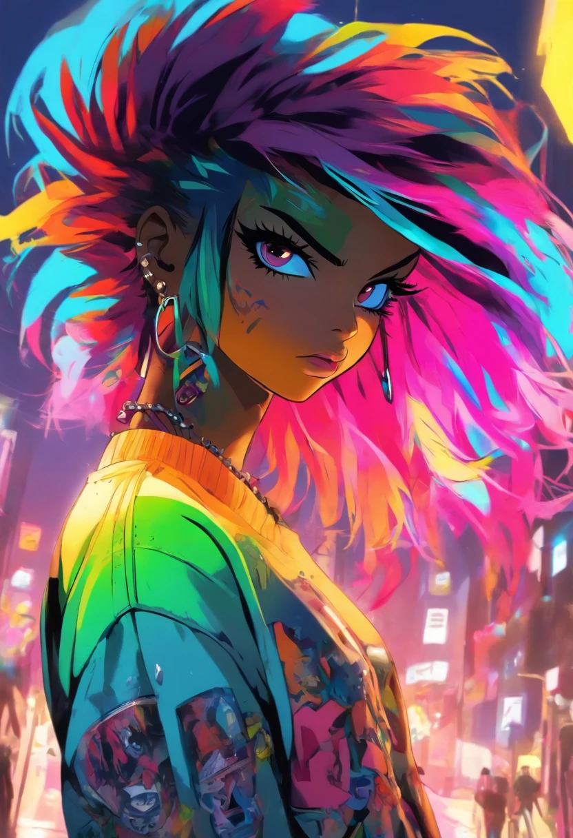 The most beautiful and sexy punk rock girl, cabello color arco iris, ojos amarillos, dark skin, usar una sudadera con capucha, Graphic T-shirt and torn skinny jeans, toneladas de tatuajes y piercings, Obra maestra perfecta, alta calidad, High resolution