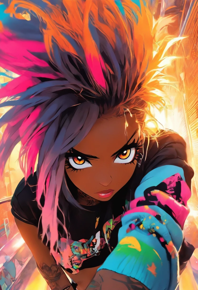 The most beautiful and sexy punk rock girl, cabello color arco iris, ojos amarillos, dark skin, usar una sudadera con capucha, Graphic T-shirt and torn skinny jeans, toneladas de tatuajes y piercings, Obra maestra perfecta, alta calidad, High resolution