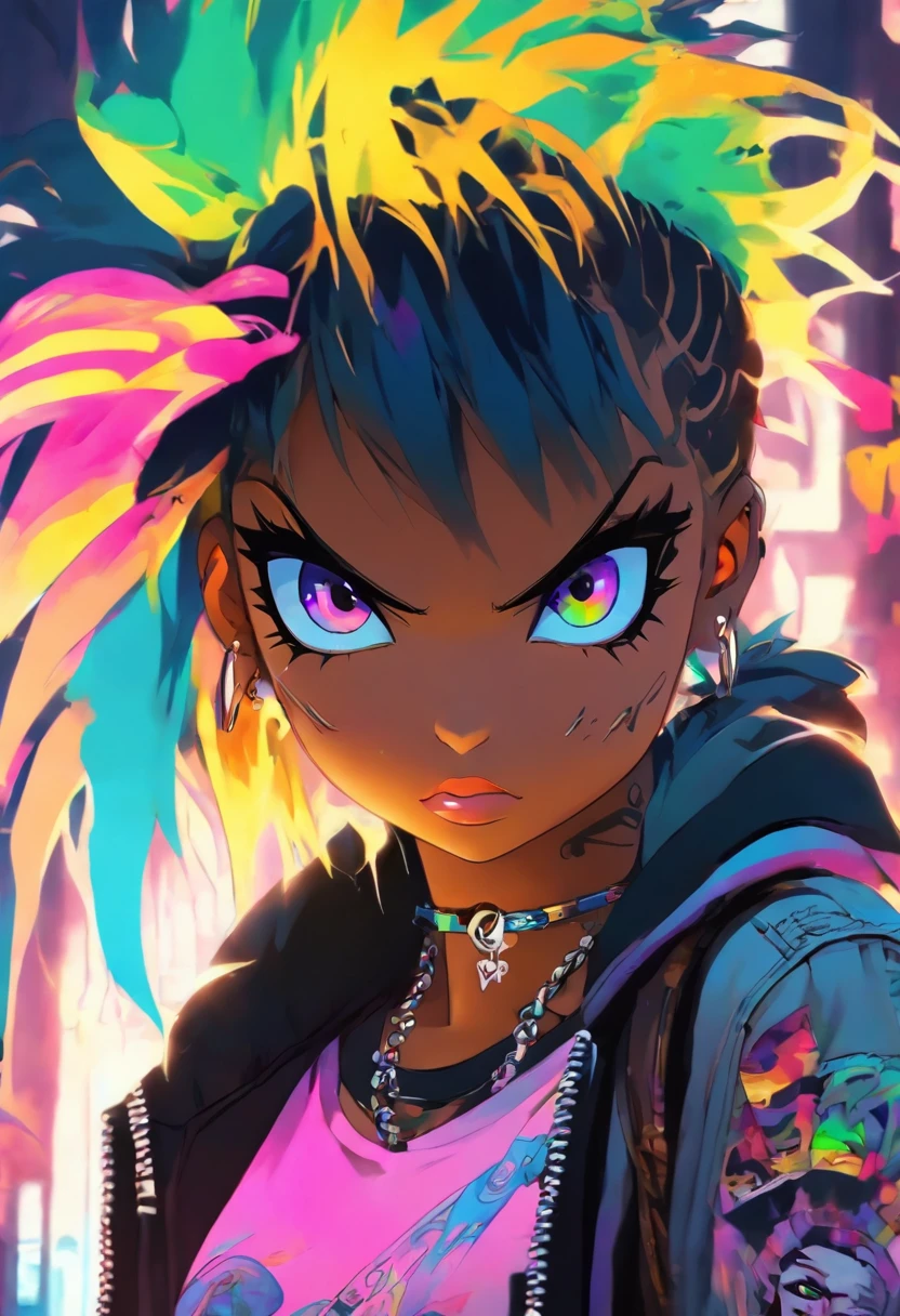 The most beautiful and sexy punk rock girl, cabello color arco iris, ojos amarillos, dark skin, usar una sudadera con capucha, Graphic T-shirt and torn skinny jeans, toneladas de tatuajes y piercings, Obra maestra perfecta, alta calidad, High resolution