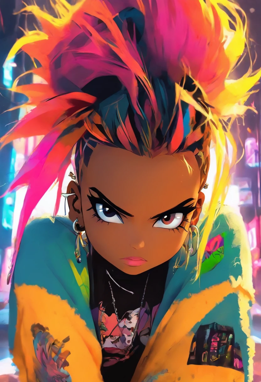 The most beautiful and sexy punk rock girl, cabello color arco iris, ojos amarillos, dark skin, usar una sudadera con capucha, Graphic T-shirt and torn skinny jeans, toneladas de tatuajes y piercings, Obra maestra perfecta, alta calidad, High resolution