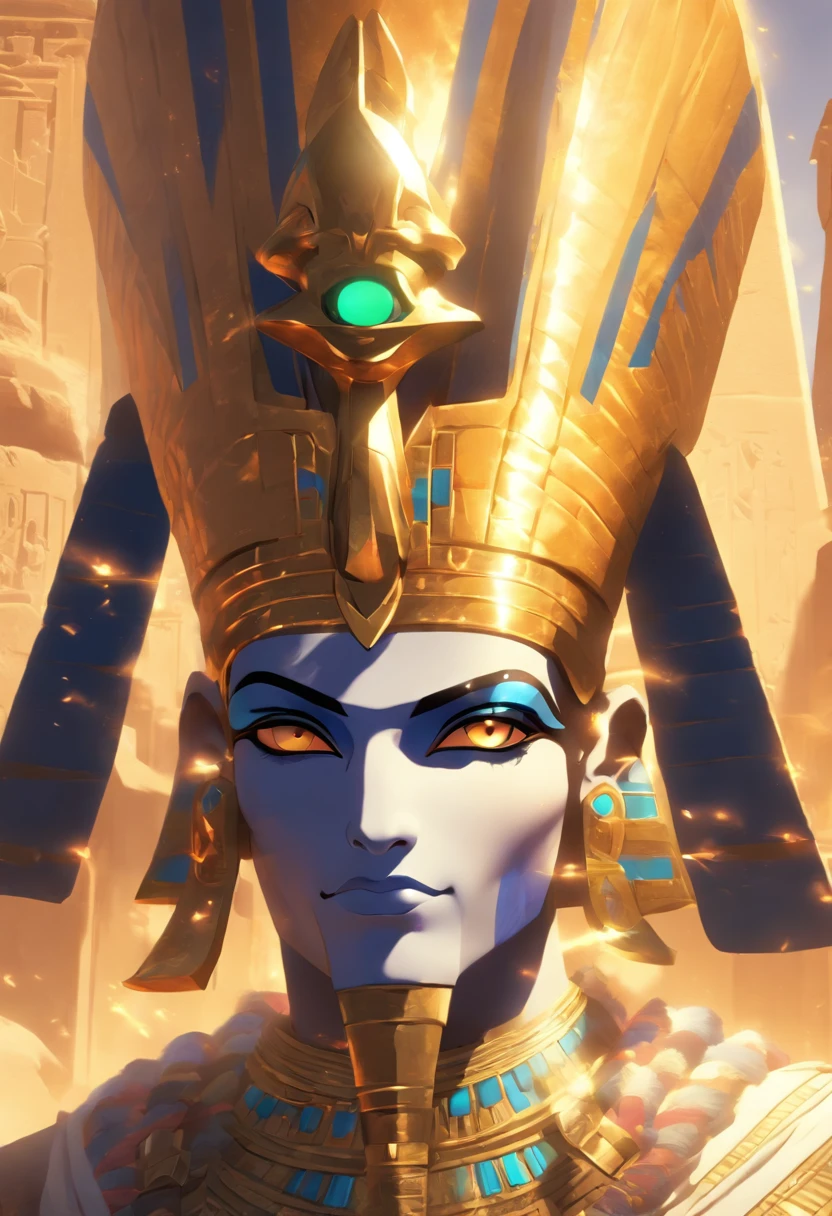 (((Osiris wearing a crown))) best quality, ultra-high resolution, 4K detailed CG, master piece, Egyptian mythology,Osiris, Pharaoh's Crown,Egyptian temple,Egyptian clothing, desert,Egyptian palace,((standing) ) , aesthetics, Beautiful image, centered on the screen
