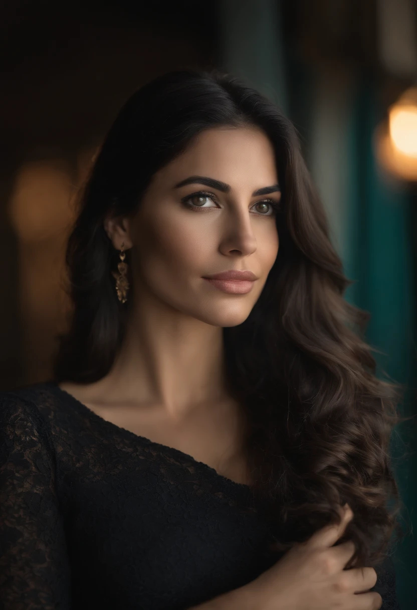 profissional, (4K Photo:1.1) por (Jeremy Lipking:0.3), (Dittmann Anna:0.3), (Marcos Ariano:0.3), (foco nítido:1.3), High detail, Usando (vestdo:1.2), Rosto bonito e detalhado, An attractive woman with long black hair looks into the camera, Panasonic Lumix S Pro 50mm F/1.4, Ana Stokes, salpicos de cor, laranja escuro e esmeralda escura, ferrania p30, foto realista, (mulher jovem atraente:1.3), (sedutor:1.1), (Corar:1.1), Forma do corpo da ampulheta, seios grandes e redondos, quadris largos, no centro de nova york, tirar selfie, usando jumper