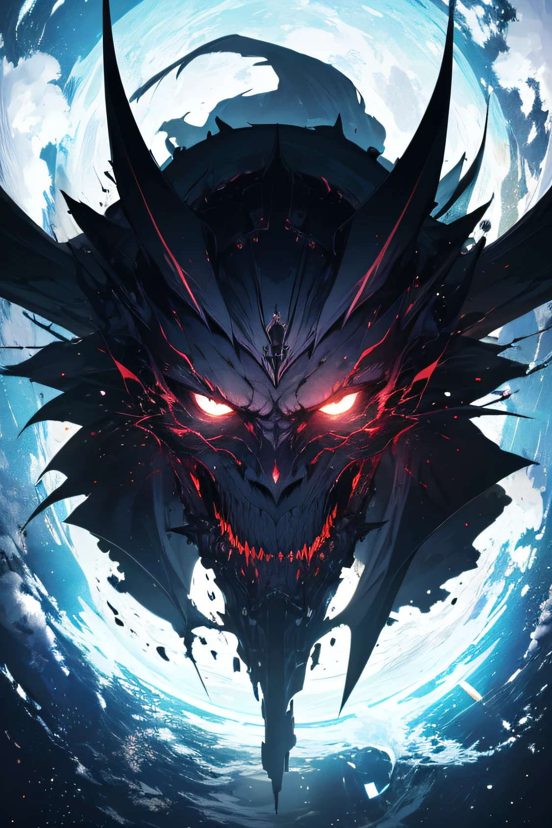 ridiculous resolution, high resolution, (masterpiece:1.4), super detailed, 1 evil looking man, seen from above, space, Giant Black moon floating, --v 6