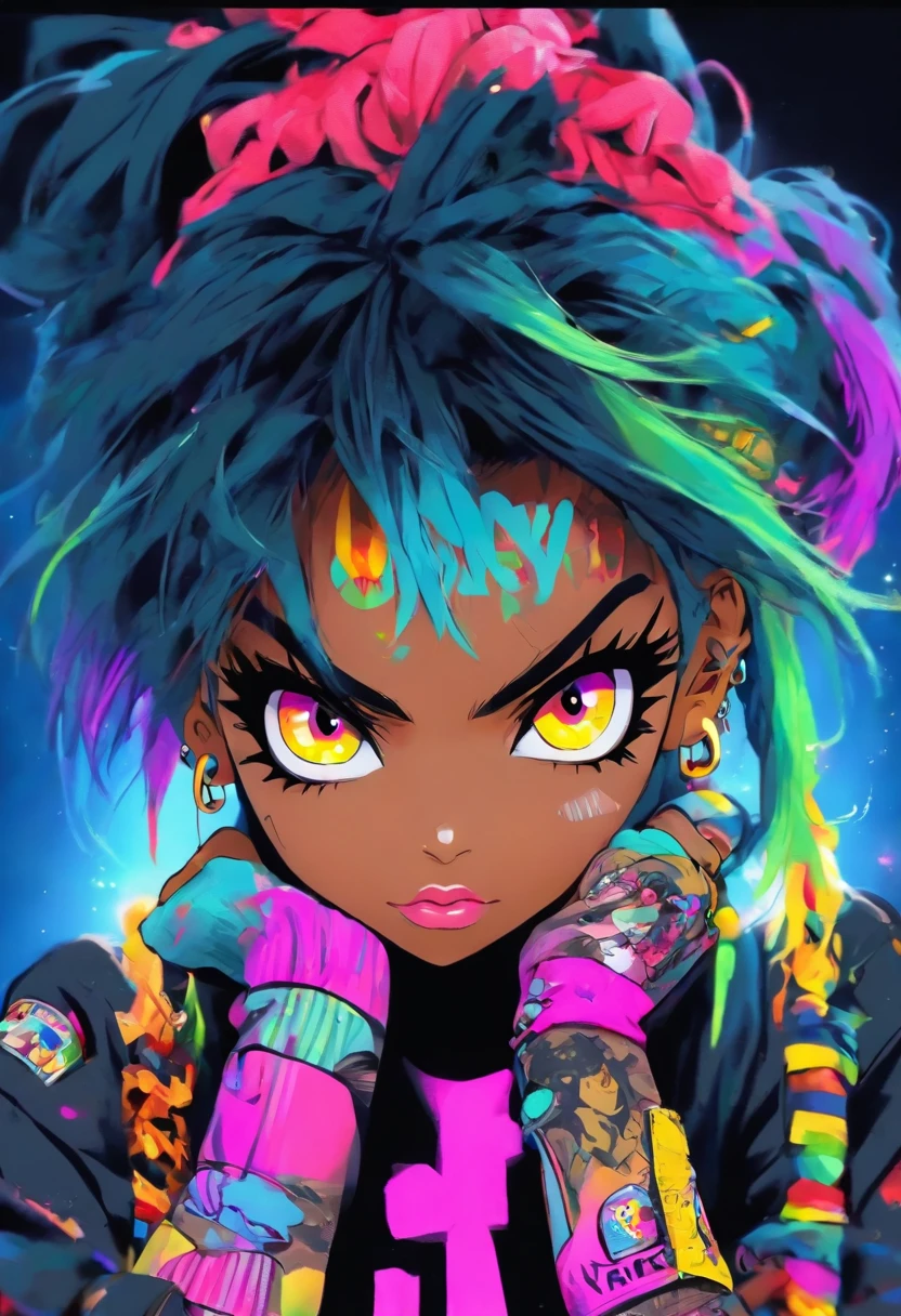 The most beautiful and sexy punk rock girl, cabello color arco iris, ojos amarillos, dark skin, usar una sudadera con capucha, Graphic T-shirt and torn skinny jeans, toneladas de tatuajes y piercings, Obra maestra perfecta, alta calidad, High resolution