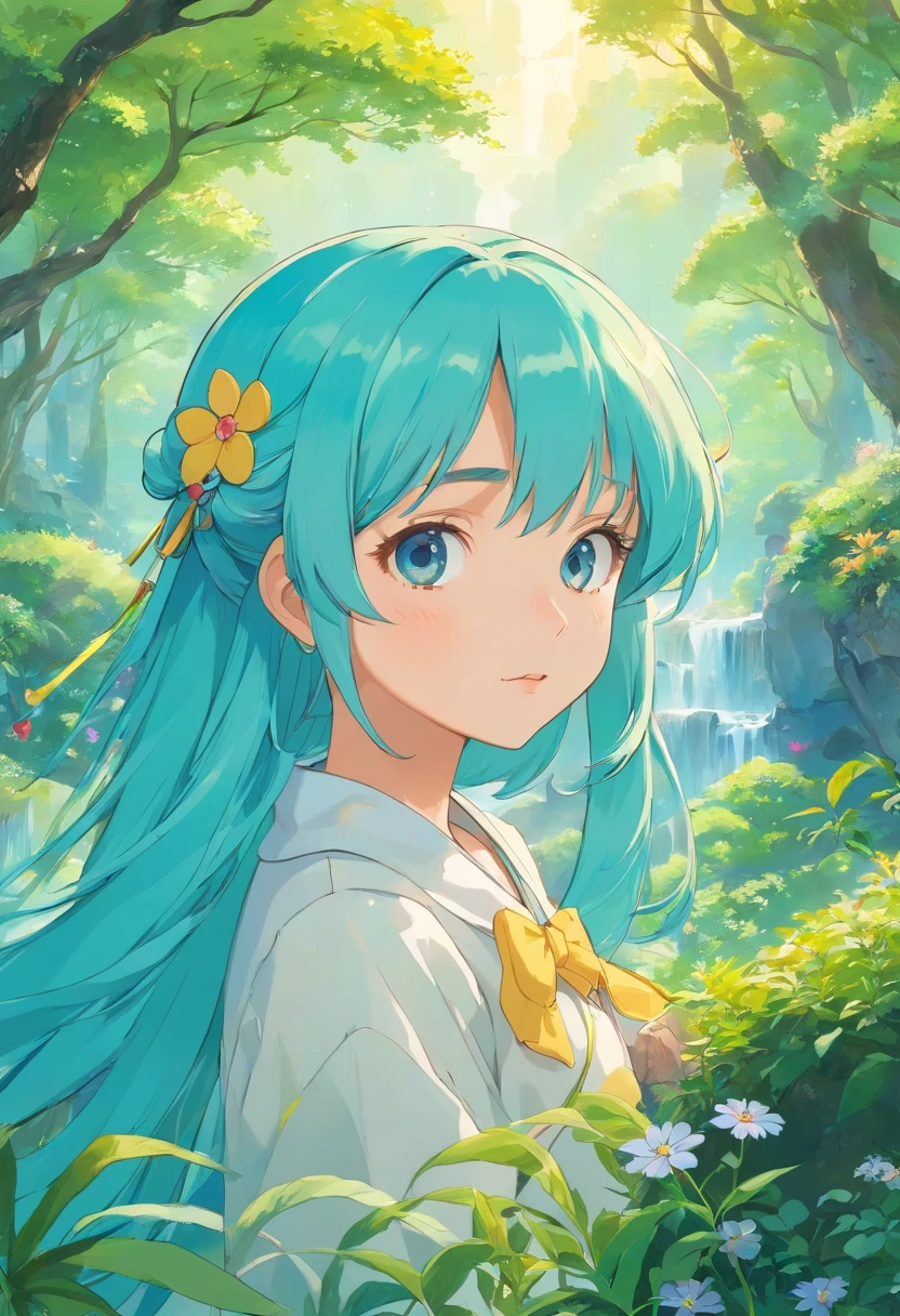 uma menina usando um colar de anime, um colar longo e brincos, no estilo de paisagens de jardim tranquilas, animated color photos, Masami Teraoka, aquamarine, Paulo Gauguin, Estilo Embry, retrato honesto