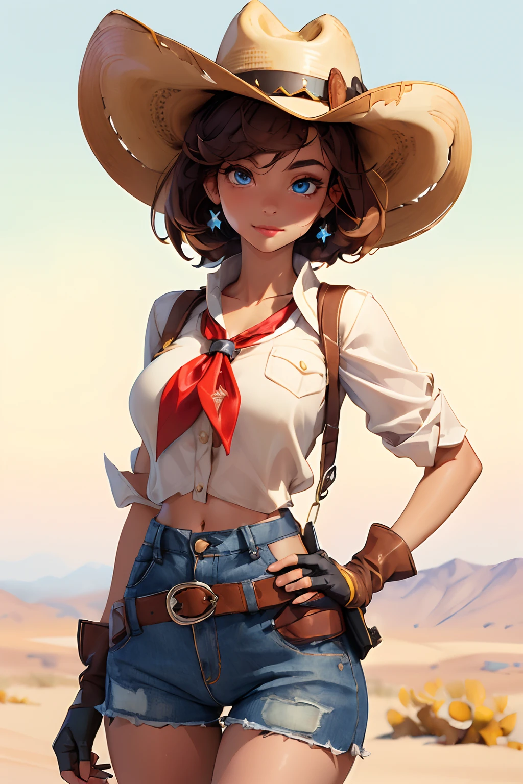 (((((solo))))),(((((masterpiece))))), (((((best quality))))),(((((highly detailed))))), finely detailed, Depth of field, crisp detail, detailed clothes, highres,
1girl, bangs, (beautiful detailed face:1.3), collarbone, collared shirt, ((white shirt)), shirt half open, buttons undone, no bra, several buttons open to show cleavage, show belly, blue eyes, blonde hair, cleavage, ((cowboy)), (cowboy hat:1.3), short gloves. fingerless gloves, hat, medium breasts, navel, neckerchief, red neckerchief, short hair, short shorts, low-rise daisy dukes, healthy thighs, gun belt ,cowboy western, sunny desert background, thigh gap