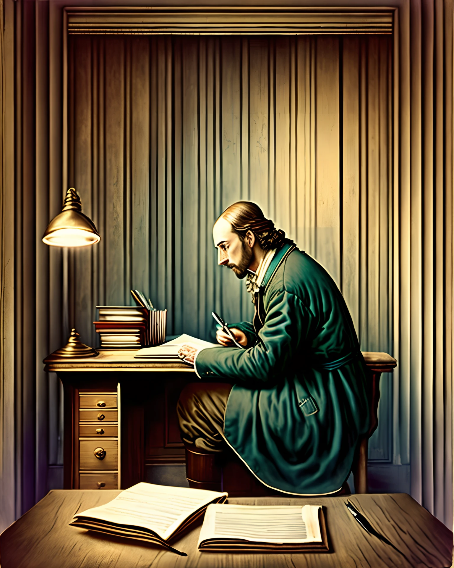 William Shakespeare sitting at his office desk writing poems