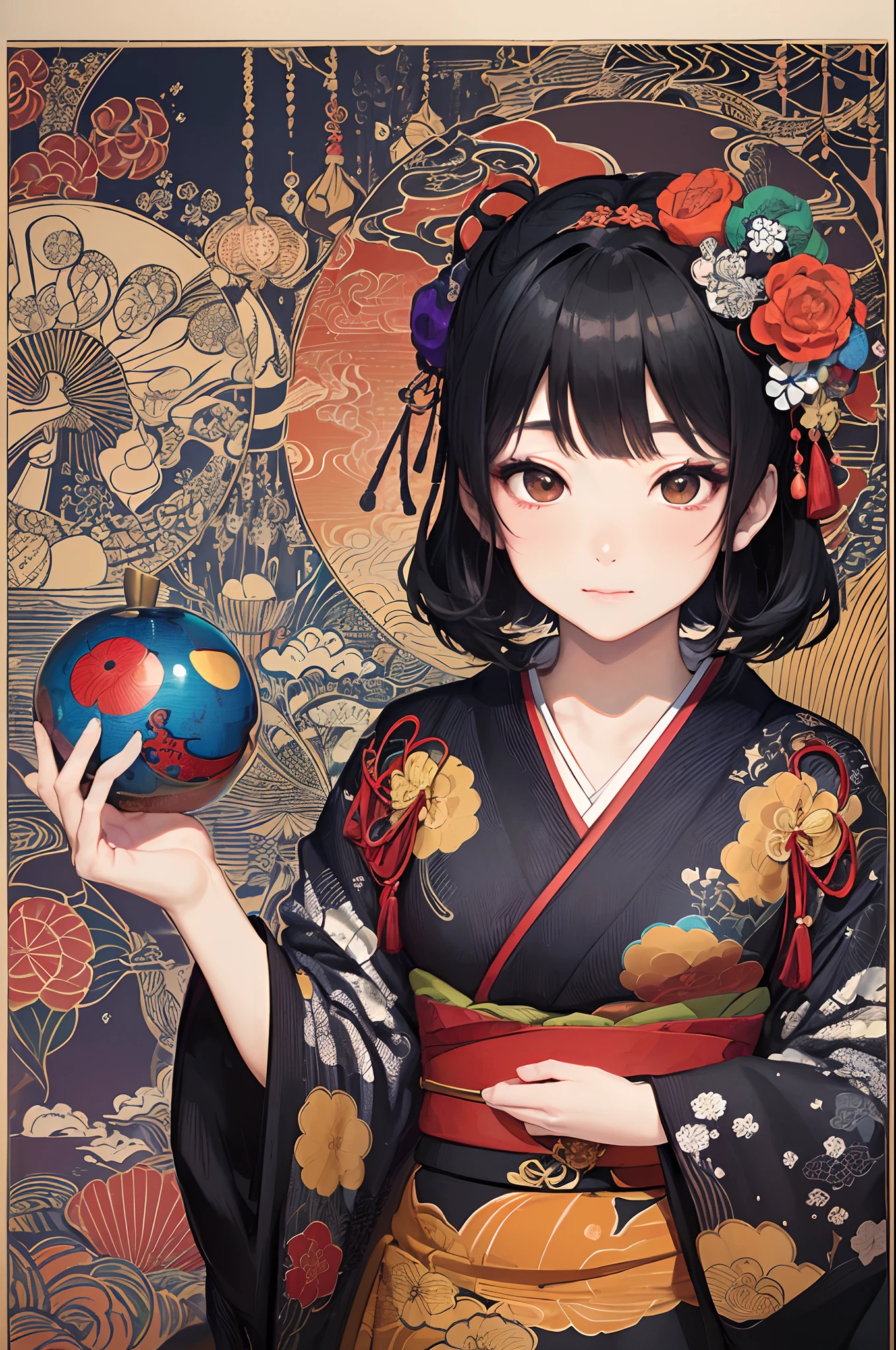 (masuter piece、top-quality、ukiyoe style、Mystical、Beautifully Aesthetic、offcial art、Sharaku:1.2)、(1 girl in:1.3)、(Fractal Art:1.3)、cowboy shot、white and clean skin、(Beautiful black hair、Kimono:1.2)、Traditional performing arts of Japan in the background、highly colorful、(scrollwork、A Japanese style:1.2)、Ghost pumpkin、Halloween、