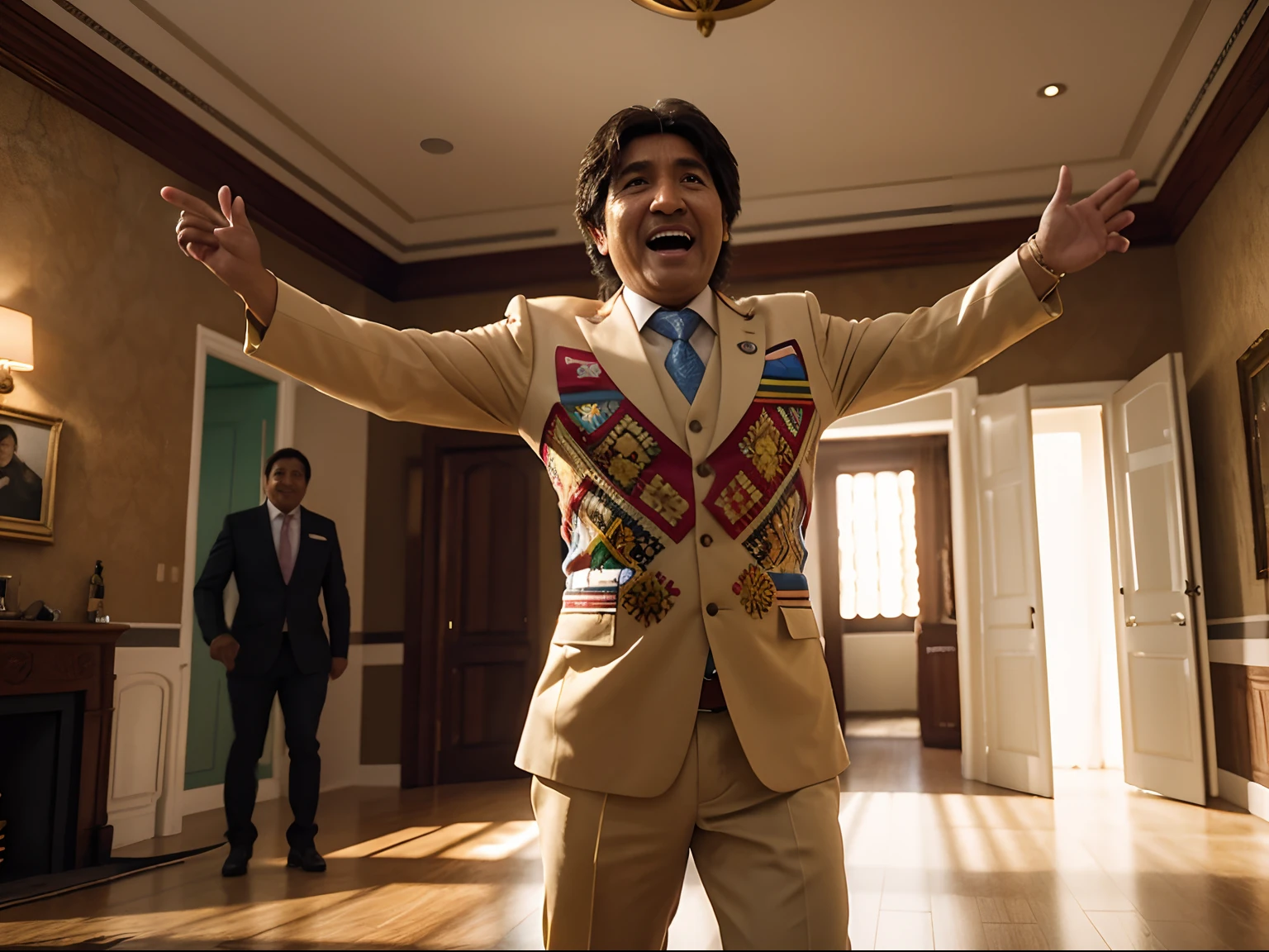 Portrait Hyperrealistic professional photograph of a presidente evo morales from bolivia with dress of oresidente, dancing in a very happy exaggerated way in the middle of a living room of a house at a party of friends. High definition, high resolution, vivid colors, cinematic light, octane render, masterpiece,