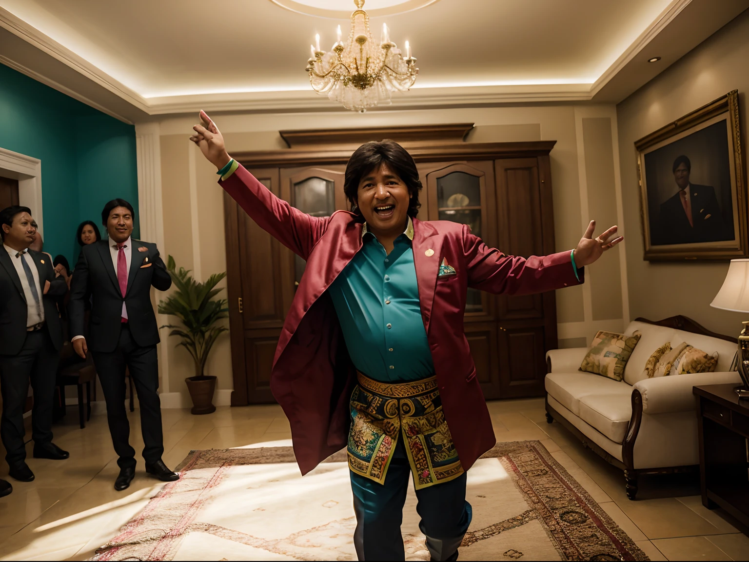 Portrait Hyperrealistic professional photograph of a presidente evo morales from bolivia with dress of oresidente, dancing in a very happy exaggerated way in the middle of a living room of a house at a party of friends. High definition, high resolution, vivid colors, cinematic light, octane render, masterpiece,