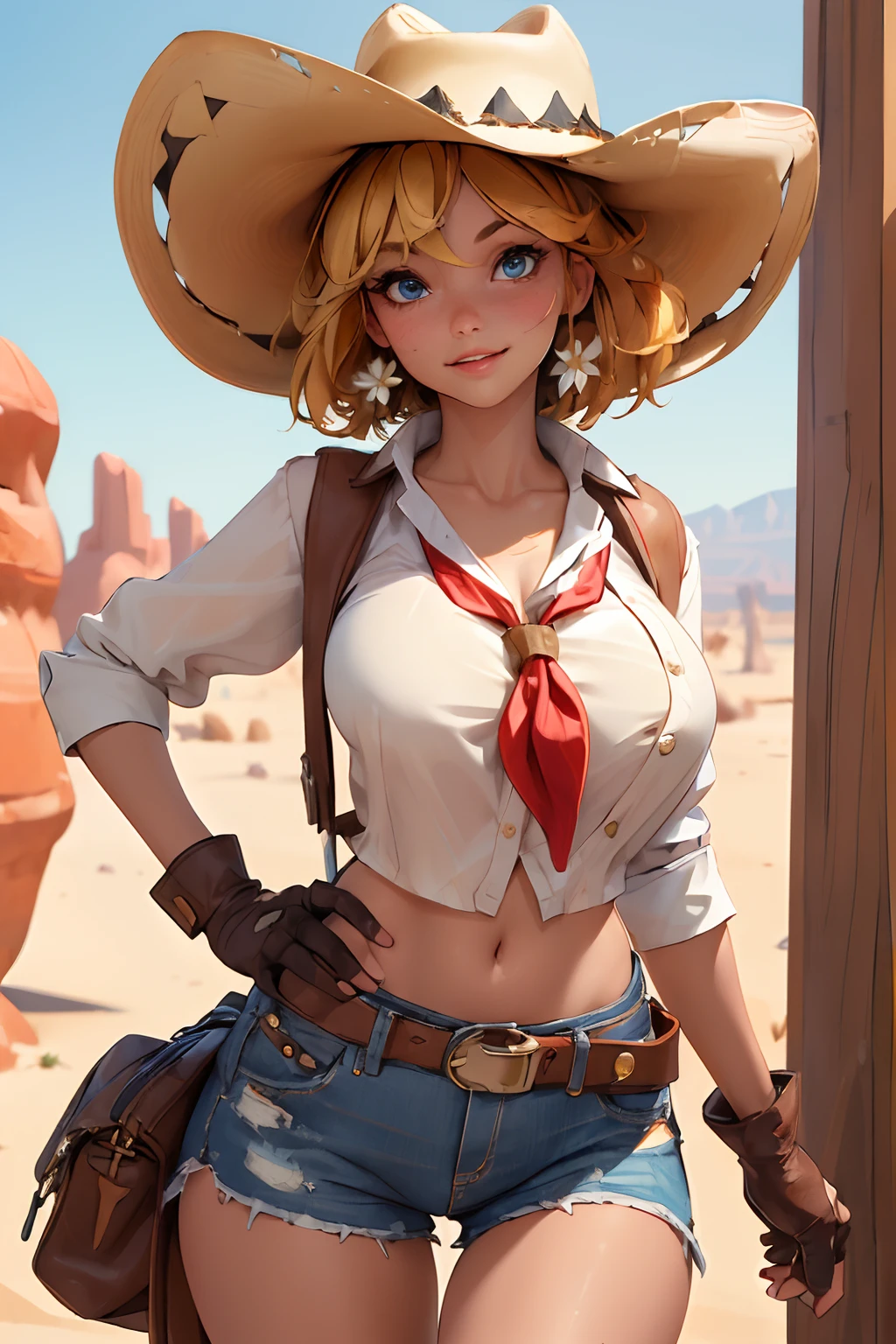 (((((solo))))),(((((masterpiece))))), (((((best quality))))),(((((highly detailed))))), finely detailed, Depth of field, crisp detail, detailed clothes, highres,
1girl, bangs, (beautiful detailed face:1.3), collarbone, collared shirt, ((white shirt)), shirt half open, buttons undone, no bra, several buttons open to show cleavage, show belly, blue eyes, blonde hair, cleavage, ((cowboy)), (cowboy hat:1.3), short gloves. fingerless gloves, hat, medium breasts, navel, neckerchief, red neckerchief, short hair, short shorts, low-rise daisy dukes, healthy thighs, gun belt ,cowboy western, sunny desert background, thigh gap