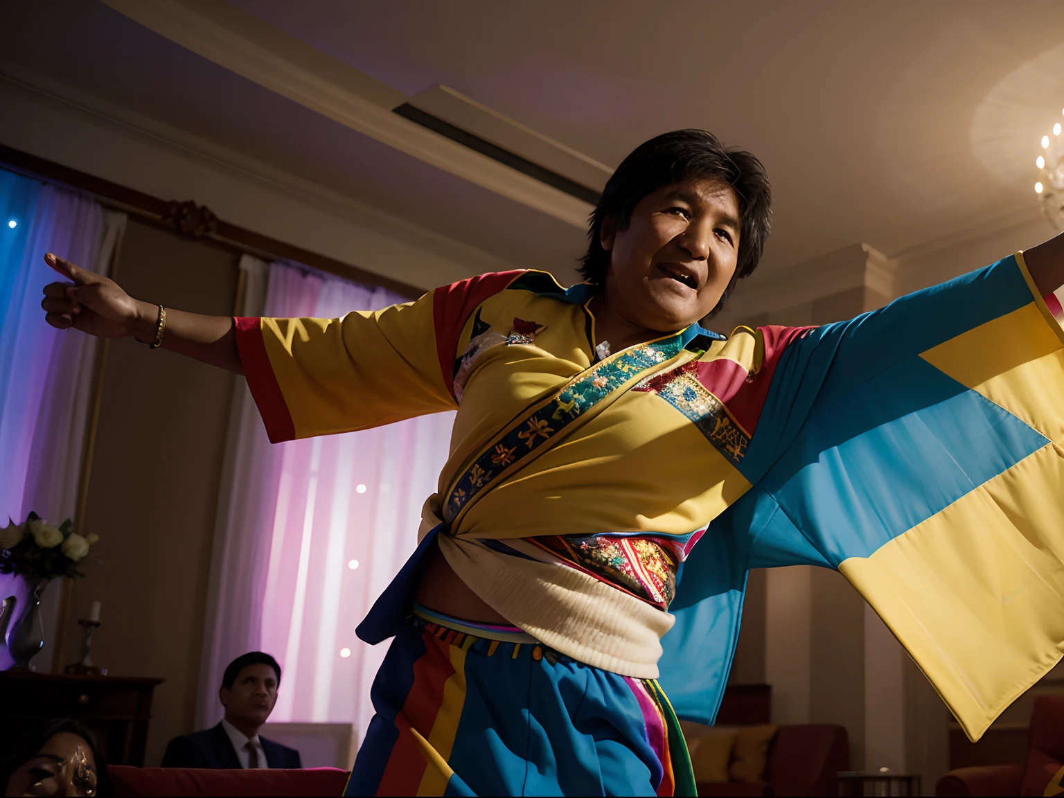 Portrait Hyperrealistic professional photograph of a presidente evo morales from bolivia with dress of oresidente, dancing in a very happy exaggerated way in the middle of a living room of a house at a party of friends. High definition, high resolution, vivid colors, cinematic light, octane render, masterpiece,