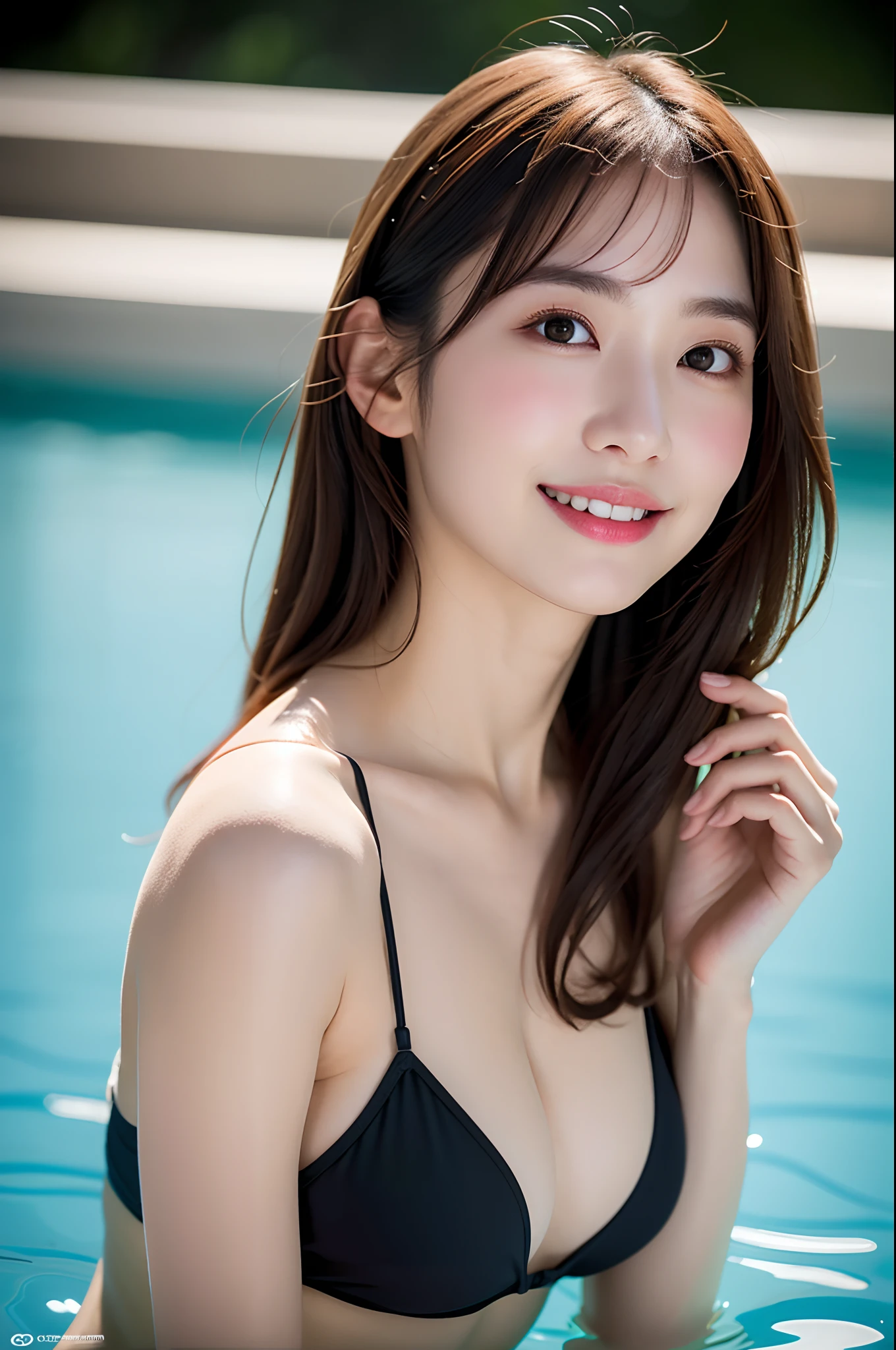 ((Black Micro Bikini)), swim wears, Skin Color, huge-breasted, big boobs, big breast, swimming pools, Wet hair, a smile, (8K, Raw photography, top-quality, masterpiece: 1.2), masterpiece, Super Detail, 超A high resolution, (Realistic and realistic photos: 1.37), high-definition RAW color photography, extremely delicate and beautiful, ighly detailed, 8K Picture Wallpaper, astonishing, detaileds, extremely detailed eye, highlydetailed skin, extremely detailed fingers, highly detailed nose, highly detail mouth, perfect anatomia, The upper part of the body, a wet body, Swimming, Sheer feeling、Transparency、Tiny swimsuit、乃木坂アイドル、韓国アイドル、hposing Gravure Idol、女優