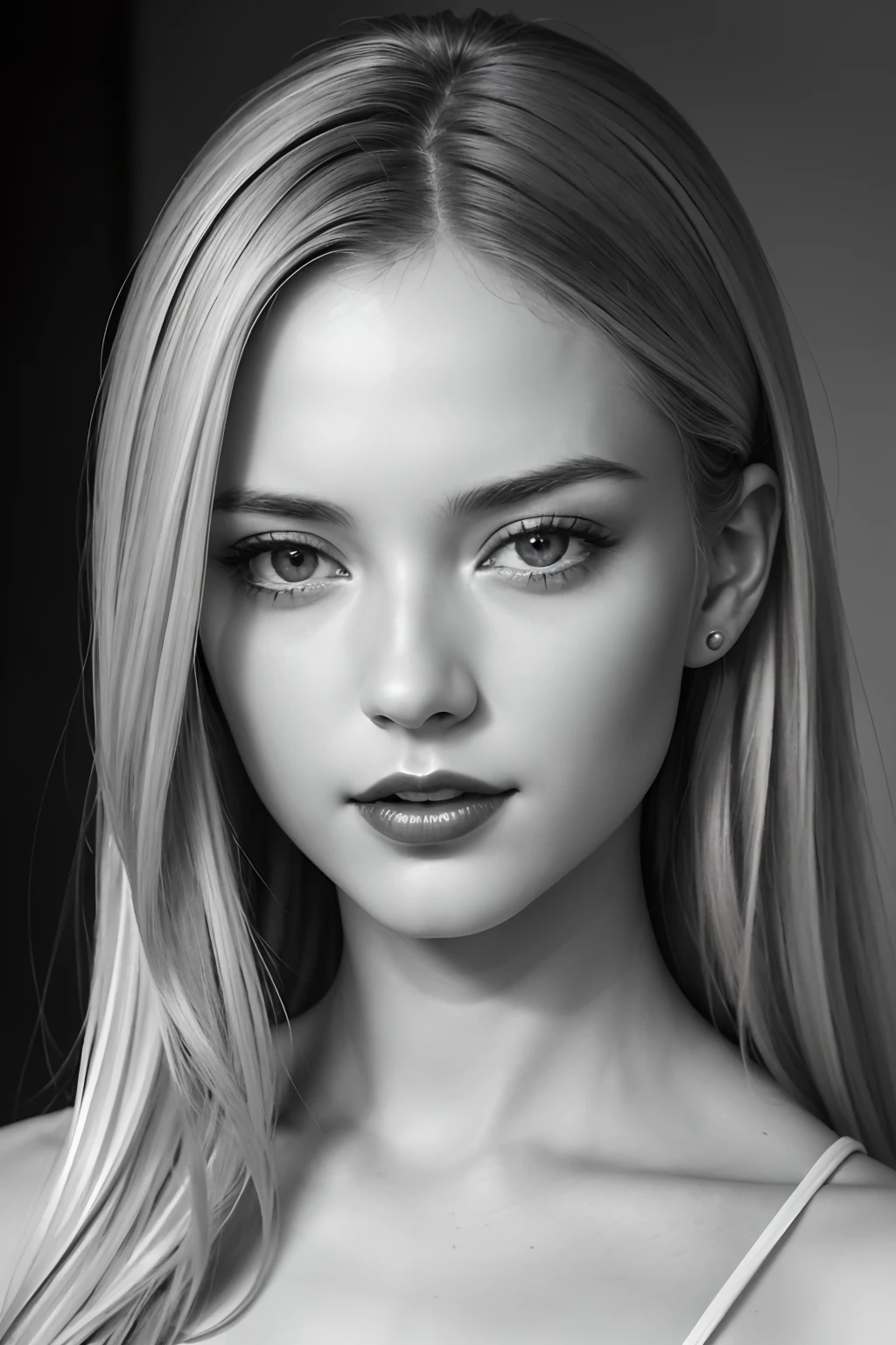 styles, Model Essay Style, RAW photo of blonde girl, ((Monochrome photography)), 1girl in, ((Facing the front)), Detailed photos of faces only, ((Red-vermilion lips)), Detailed clavicle, face perfect, straight haired, top-quality, ultra-detailliert, film grains, A hyper-realistic, ultra realistic textures, masterpiece, highly detailed CG unit 8k wallpaper