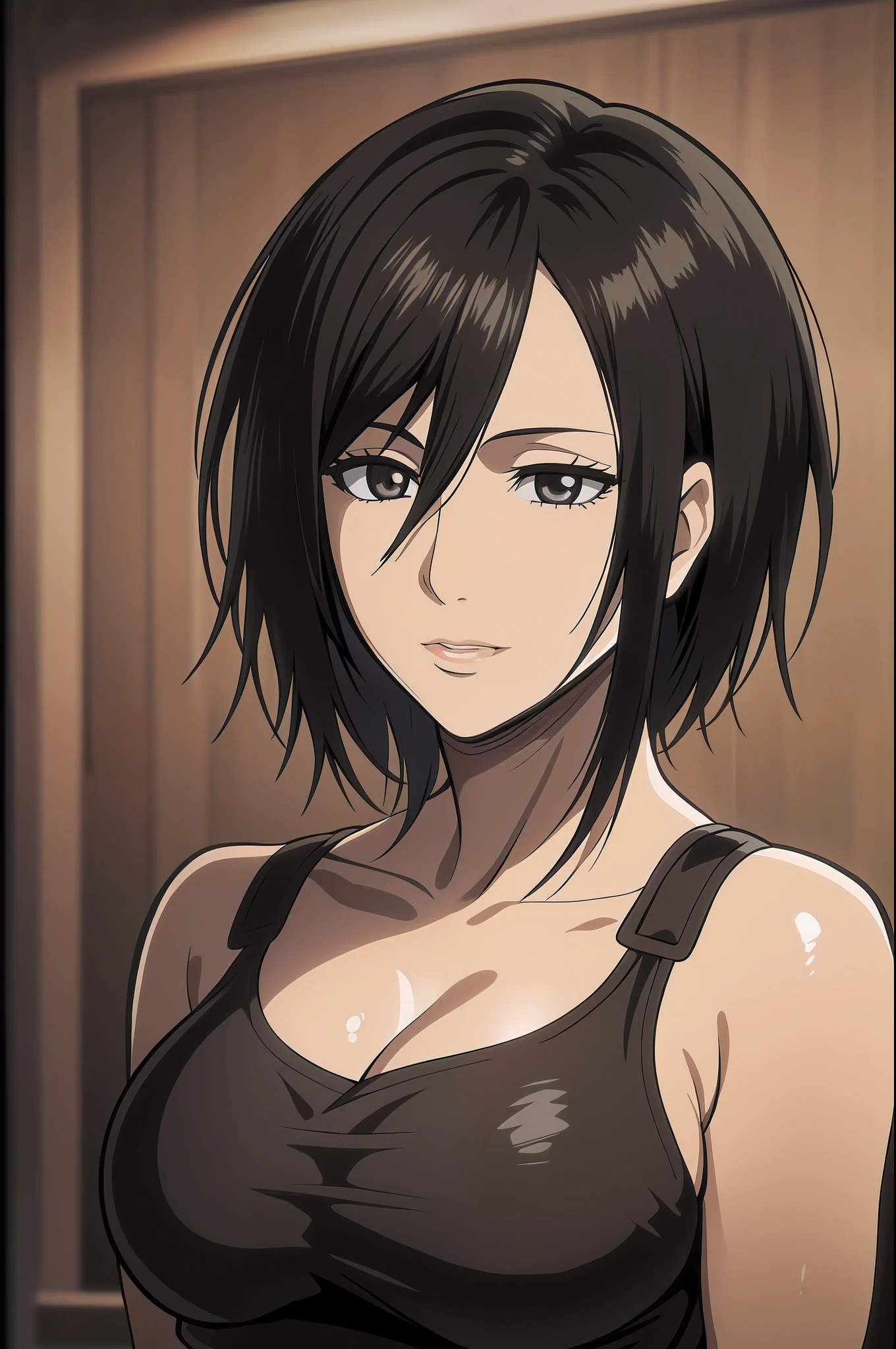 1girl, mikasa ackerman, (black hair:1.3), hair between eyes, short hair, sideburns, gray eyes, lips, cleavage, big breasts, close up, solo, lips, masterpiece, best quality,