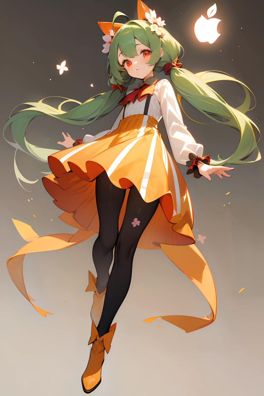 (masterpiece),(top-quality),ultra-detailliert),女の子1人,Green hair,Red Eyes,White apple blossom on the head,adorable girl,Sparkling red eyes, Eyes and faces with detailed, Small, Extremely detailed, Cute,Sparkling red eyes,Dress, Long hair, pantyhose, Solo, Bow, Long sleeves, blush, Ahoge, Very long hair,striped pantyhose, Orange dress, Pantyhose with vertical stripes, long boots, frilld, Bangs, White background, Yellow dress, low twintails, vertical stripes, Full body, Black pantyhose, two-tone background